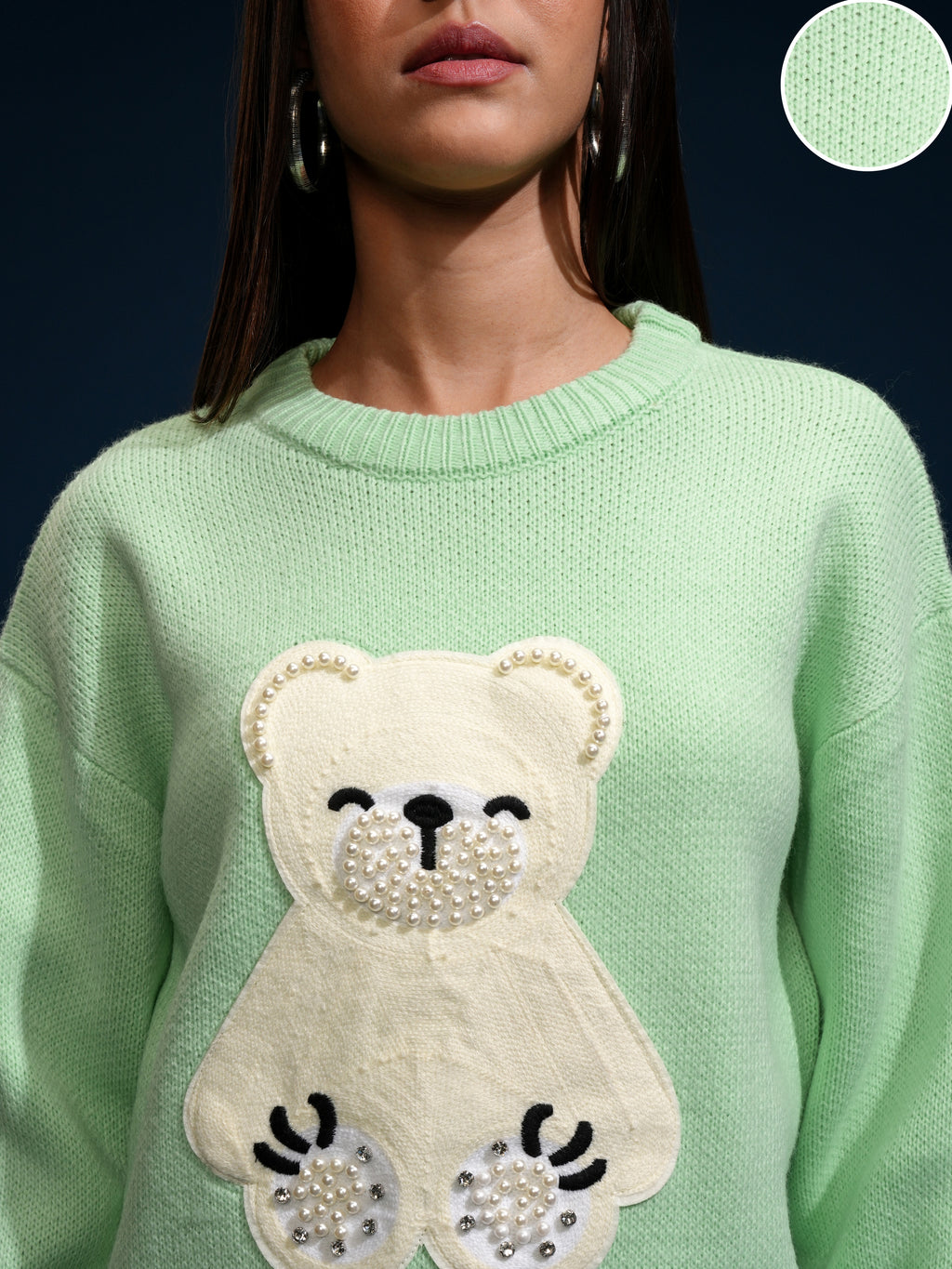 Tokyo Talkies Women Green Round Neck Sweater - Green - Image 5
