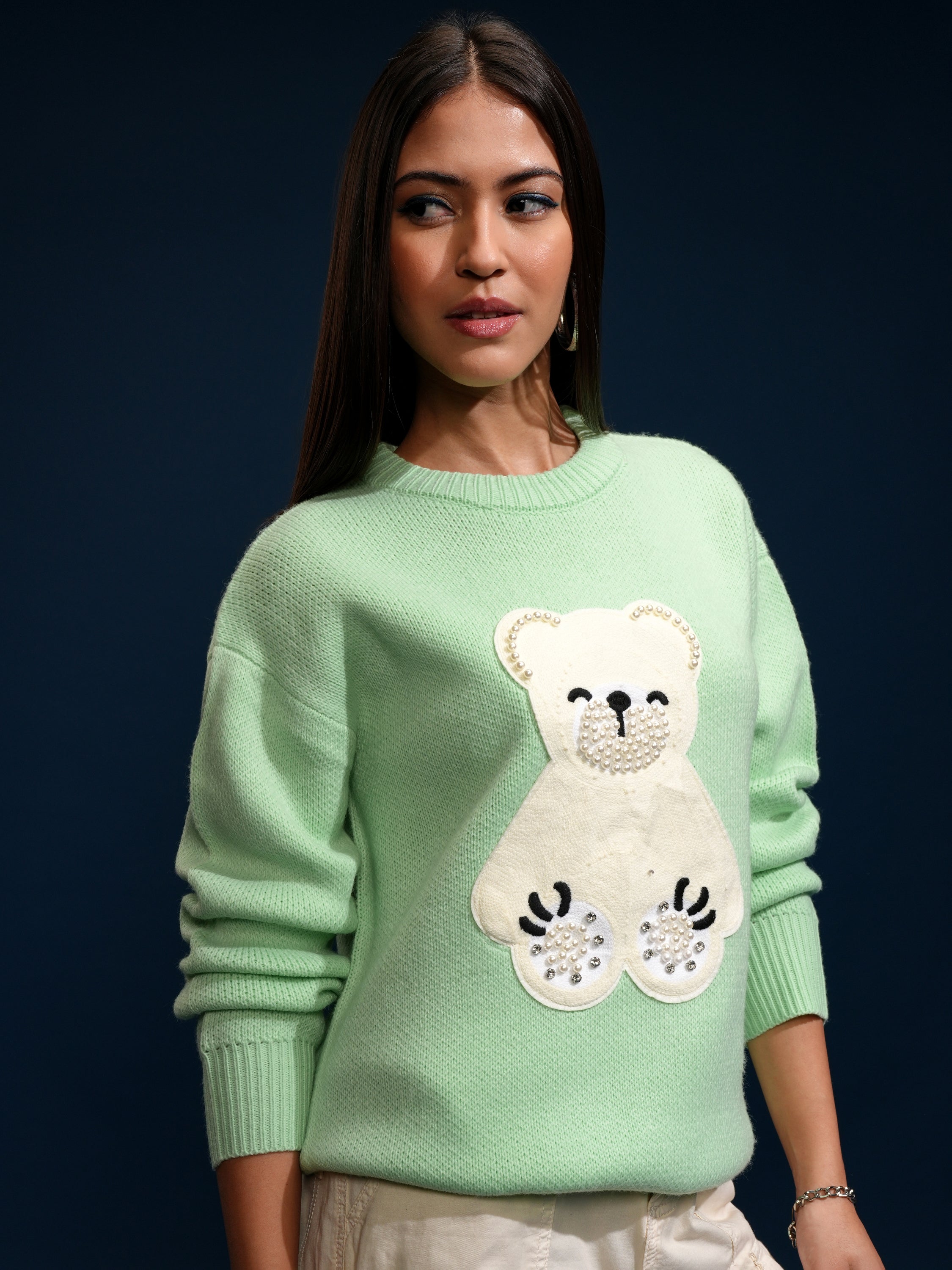 Tokyo Talkies Women Green Round Neck Sweater - Green - Image 6