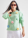 Tokyo Talkies Women Green Round Neck Sweater - Green - Image 1
