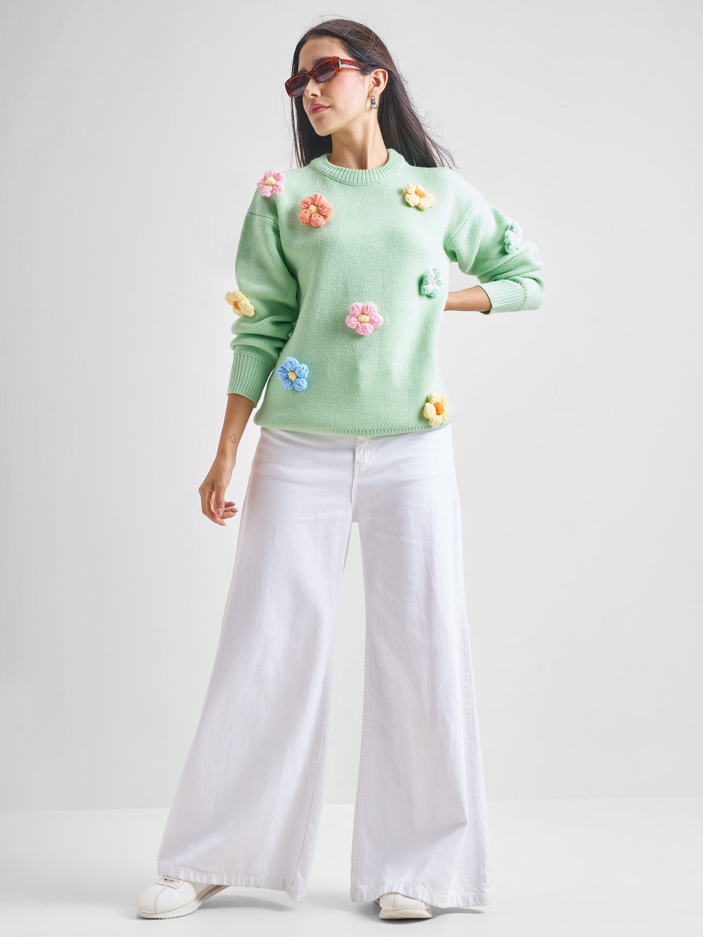Tokyo Talkies Women Green Round Neck Sweater - Green - Image 2