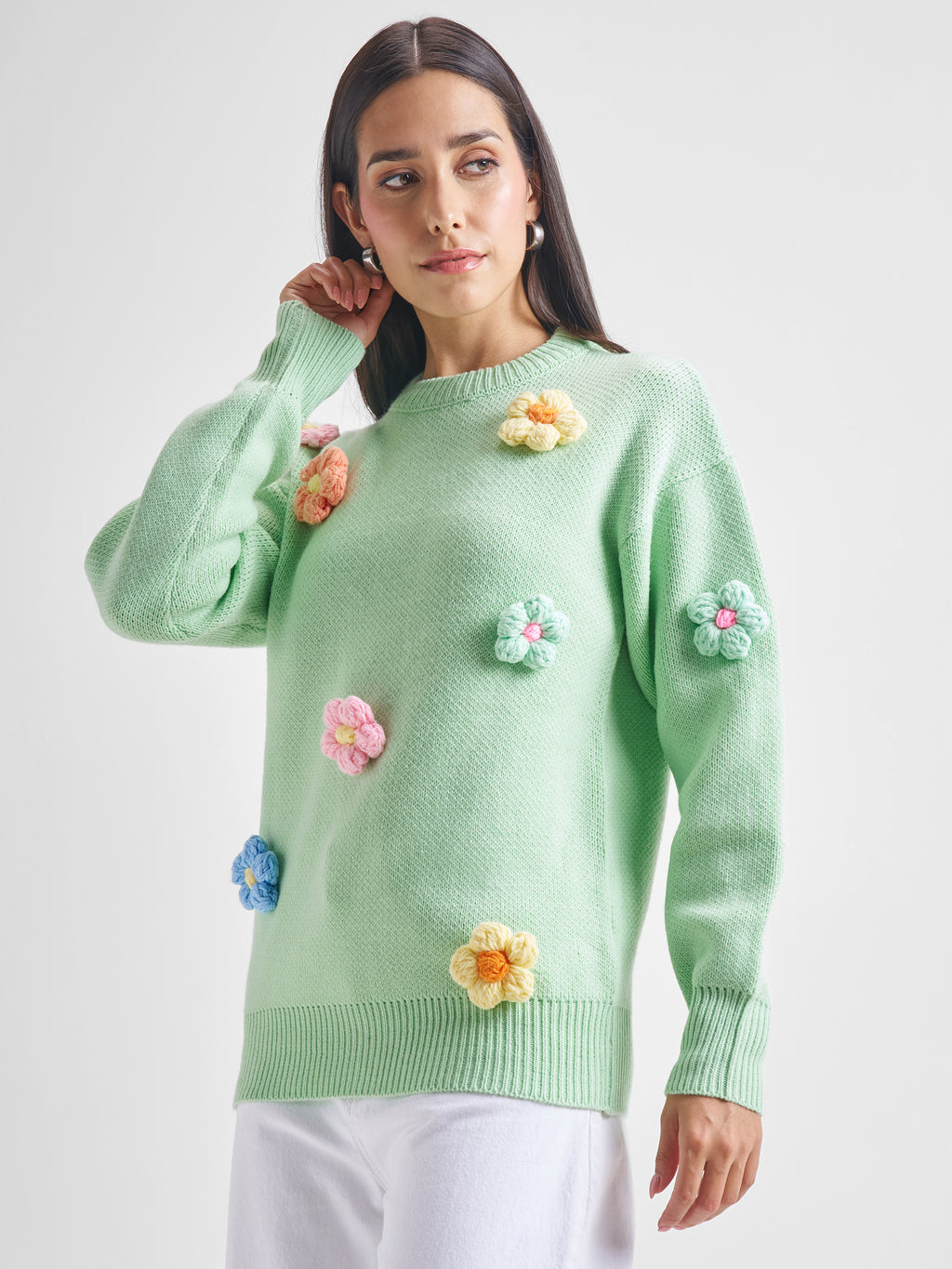 Tokyo Talkies Women Green Round Neck Sweater - Green - Image 4