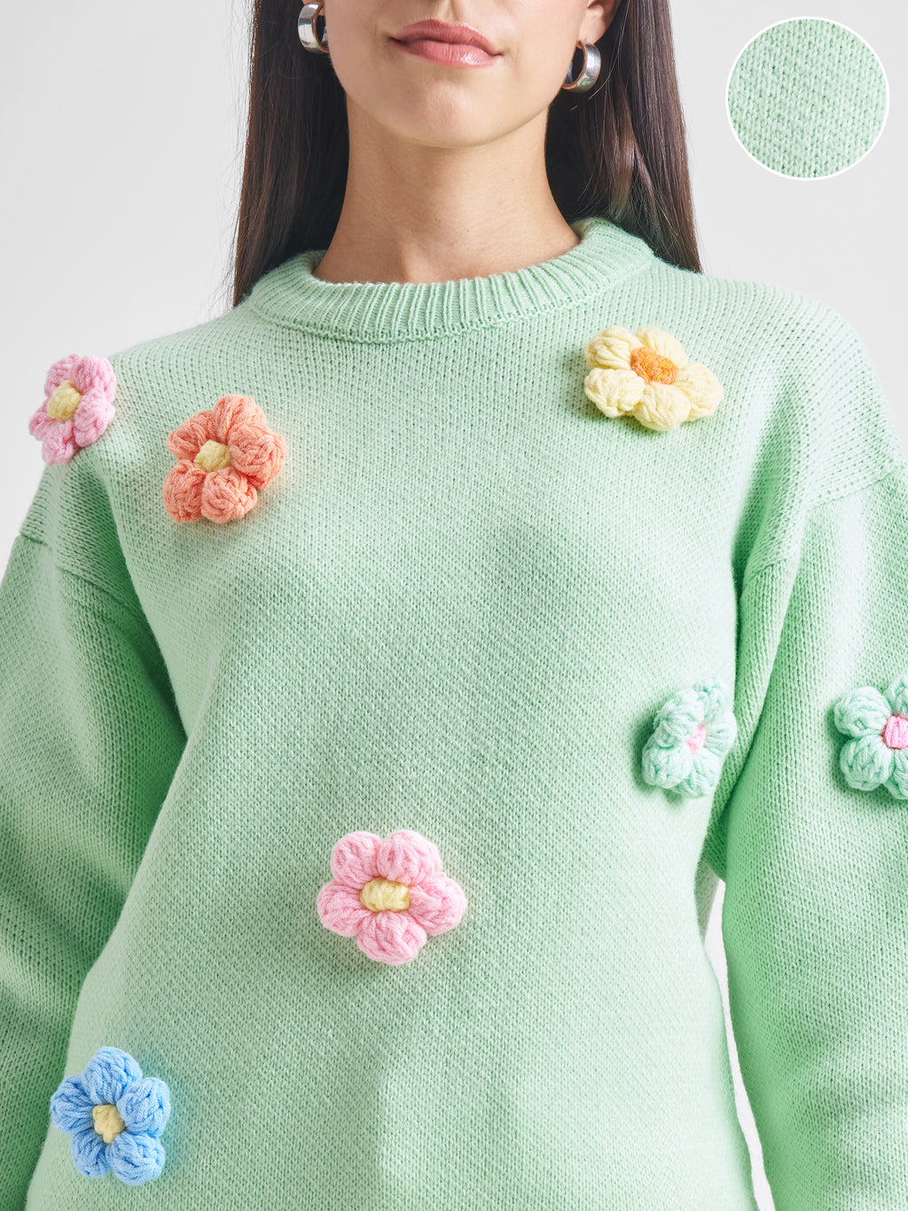 Tokyo Talkies Women Green Round Neck Sweater - Green - Image 5