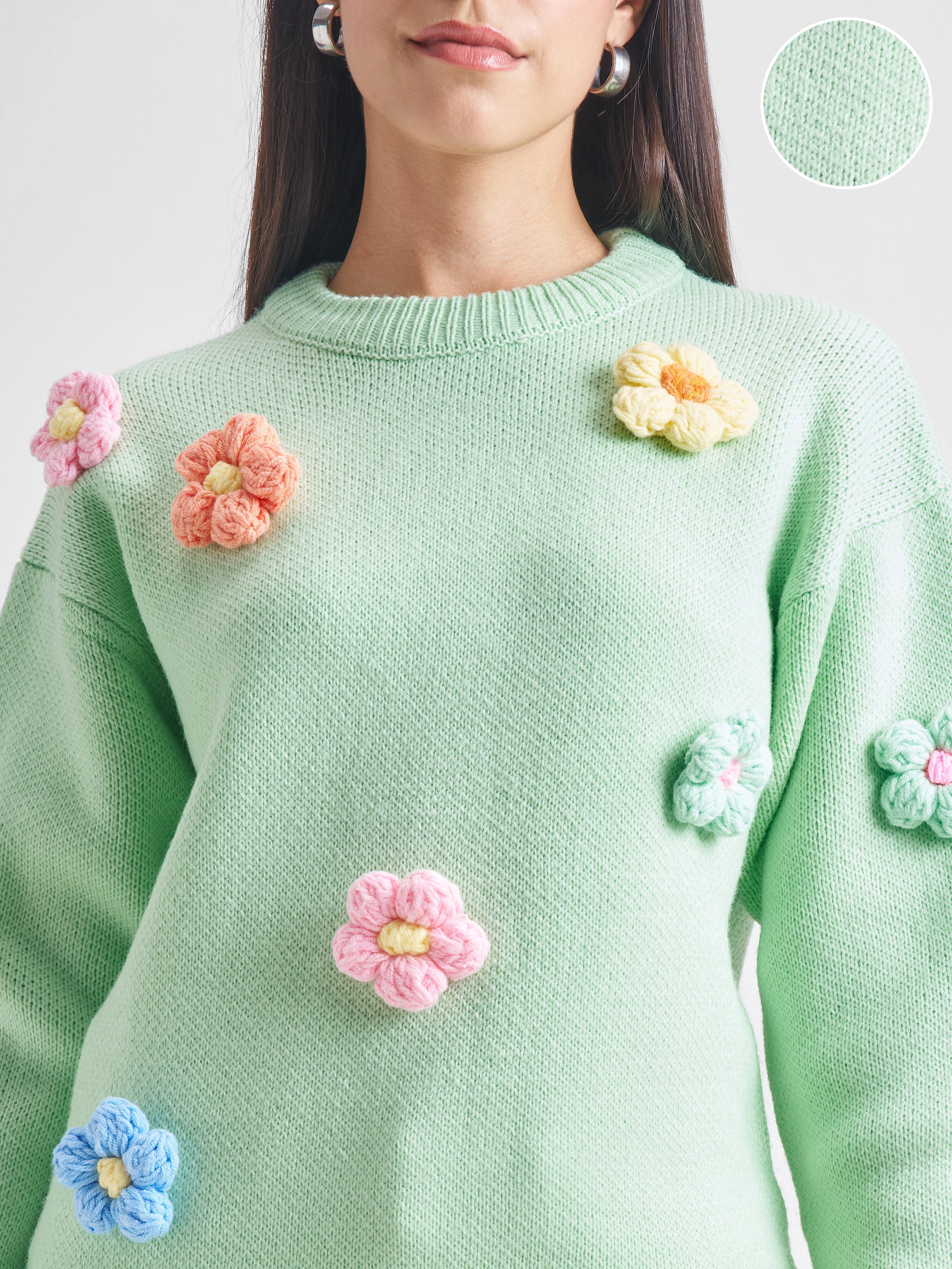 Tokyo Talkies Women Green Round Neck Sweater - Green - Image 5