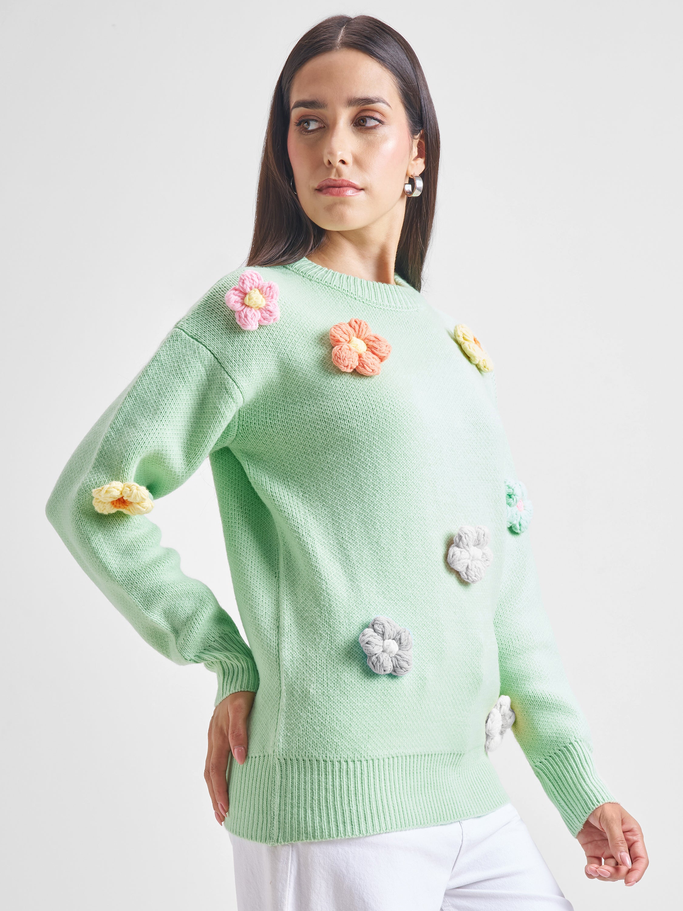 Tokyo Talkies Women Green Round Neck Sweater - Green - Image 6