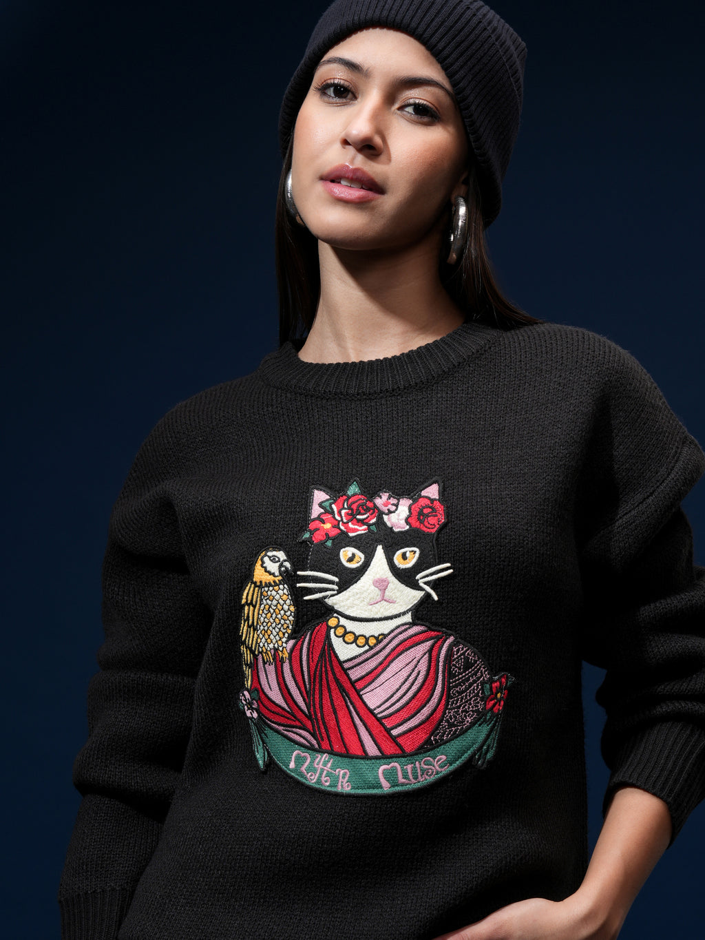 Tokyo Talkies Women Black Round Neck Sweater - Black - Image 1
