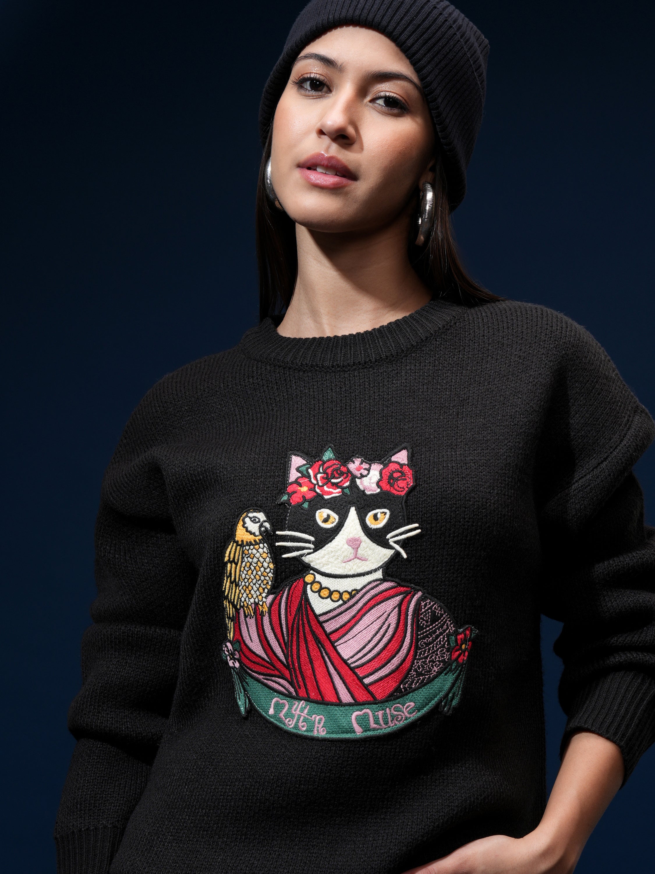Tokyo Talkies Women Black Round Neck Sweater - Black - Image 1