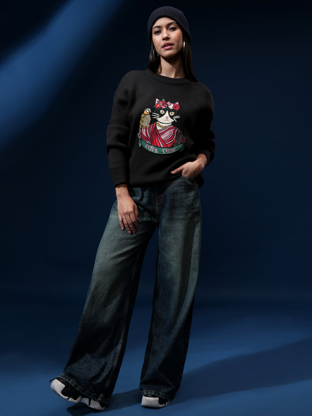 Tokyo Talkies Women Black Round Neck Sweater - Black - Image 2