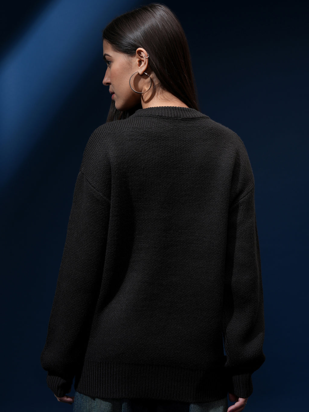 Tokyo Talkies Women Black Round Neck Sweater - Black - Image 3