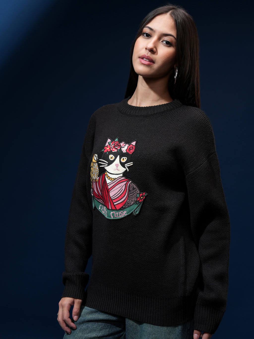 Tokyo Talkies Women Black Round Neck Sweater - Black - Image 4