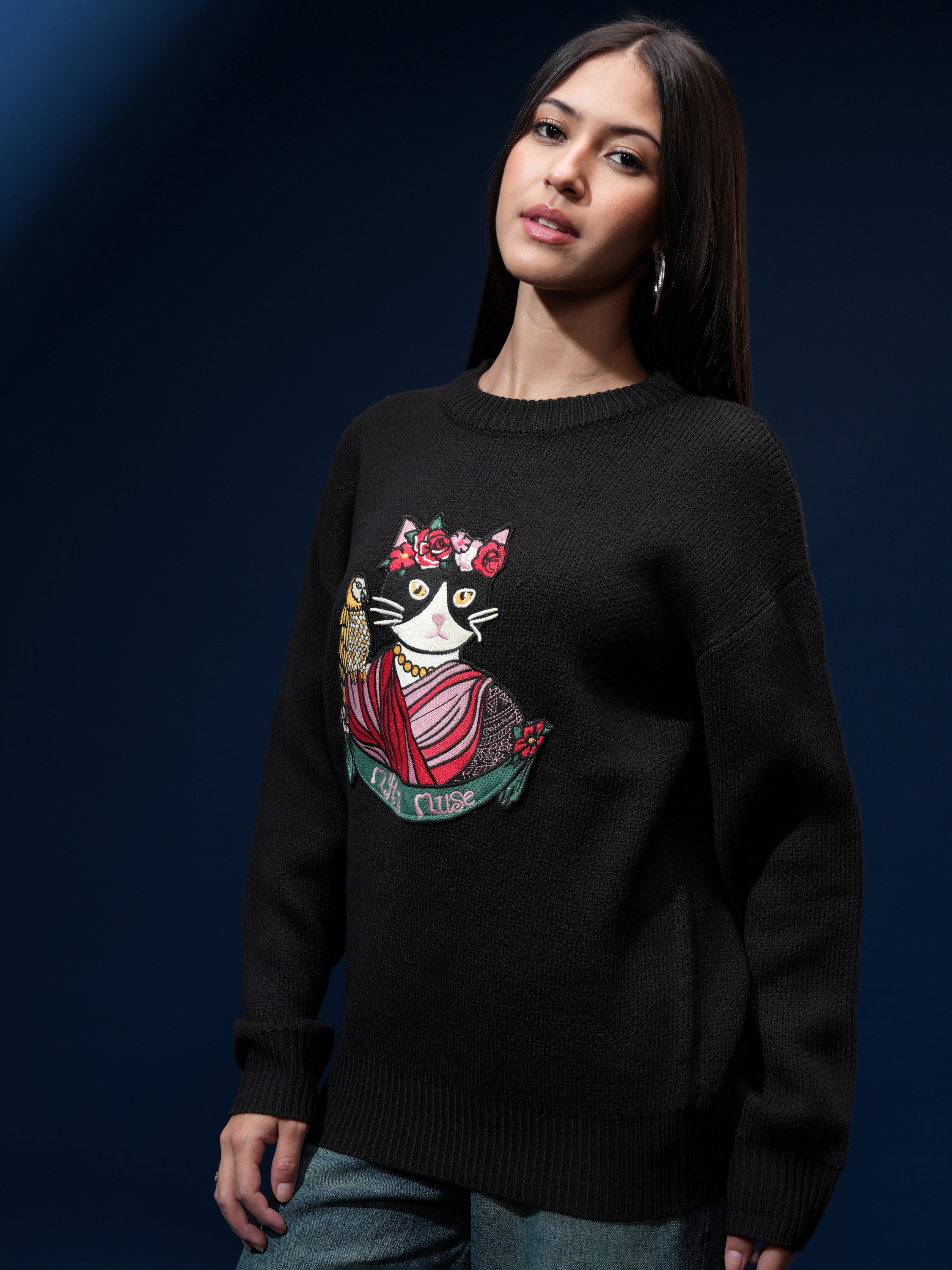 Tokyo Talkies Women Black Round Neck Sweater - Black - Image 4