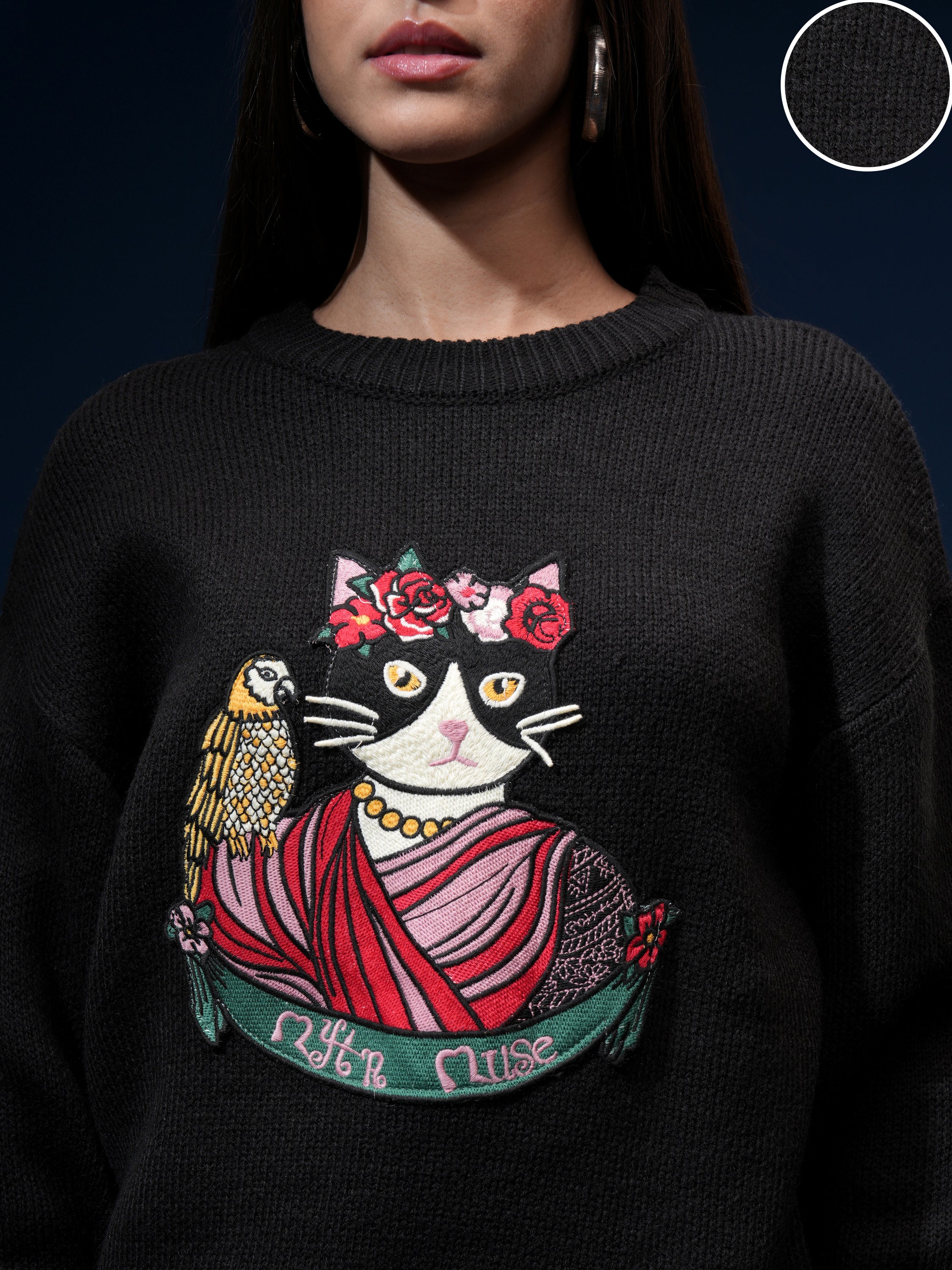 Tokyo Talkies Women Black Round Neck Sweater - Black - Image 5