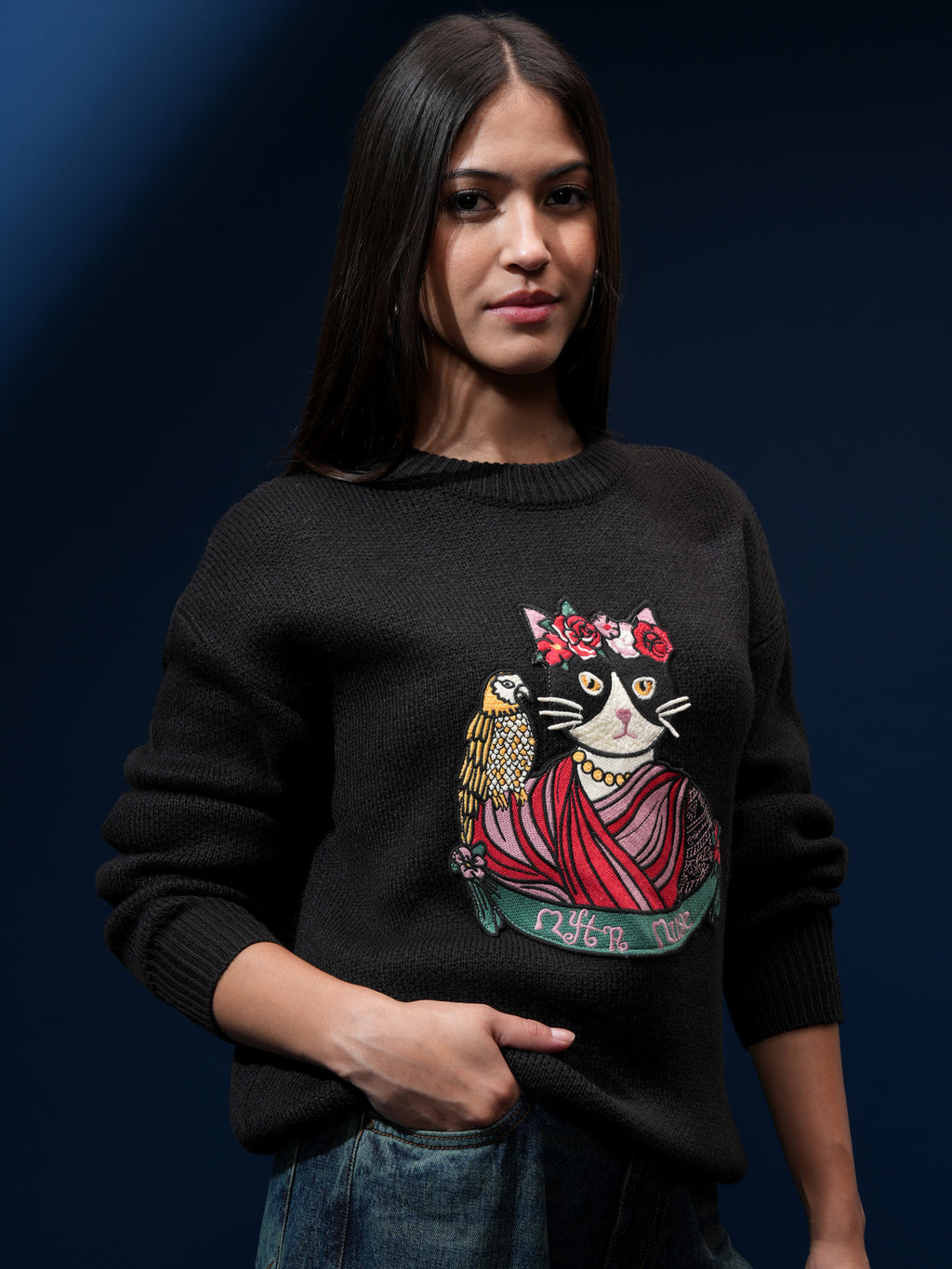 Tokyo Talkies Women Black Round Neck Sweater - Black - Image 6