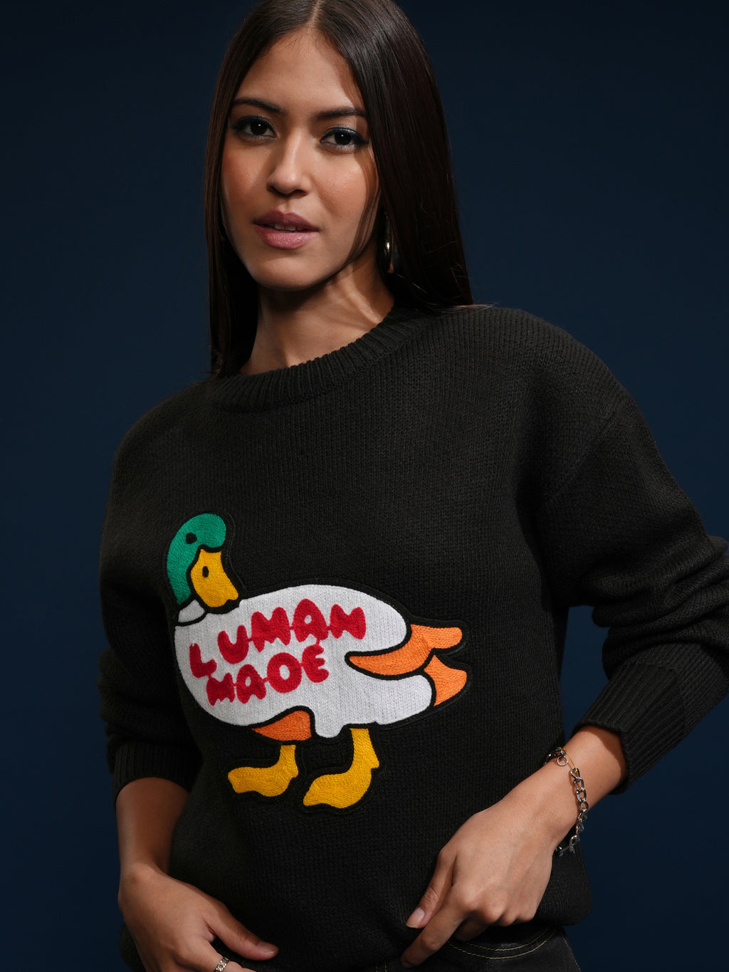 Tokyo Talkies Women Black Round Neck Sweater - Black - Image 1