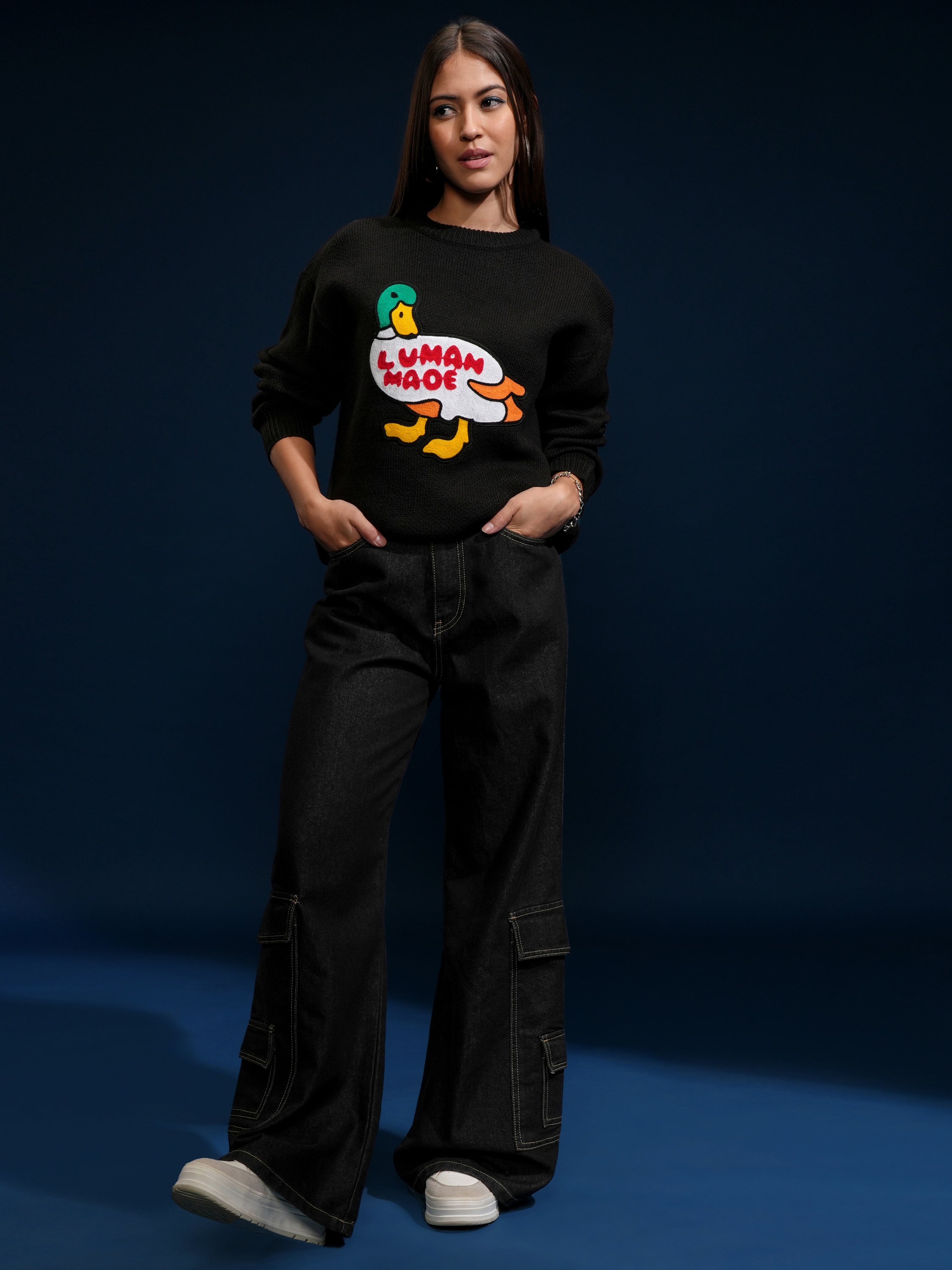 Tokyo Talkies Women Black Round Neck Sweater - Black - Image 2