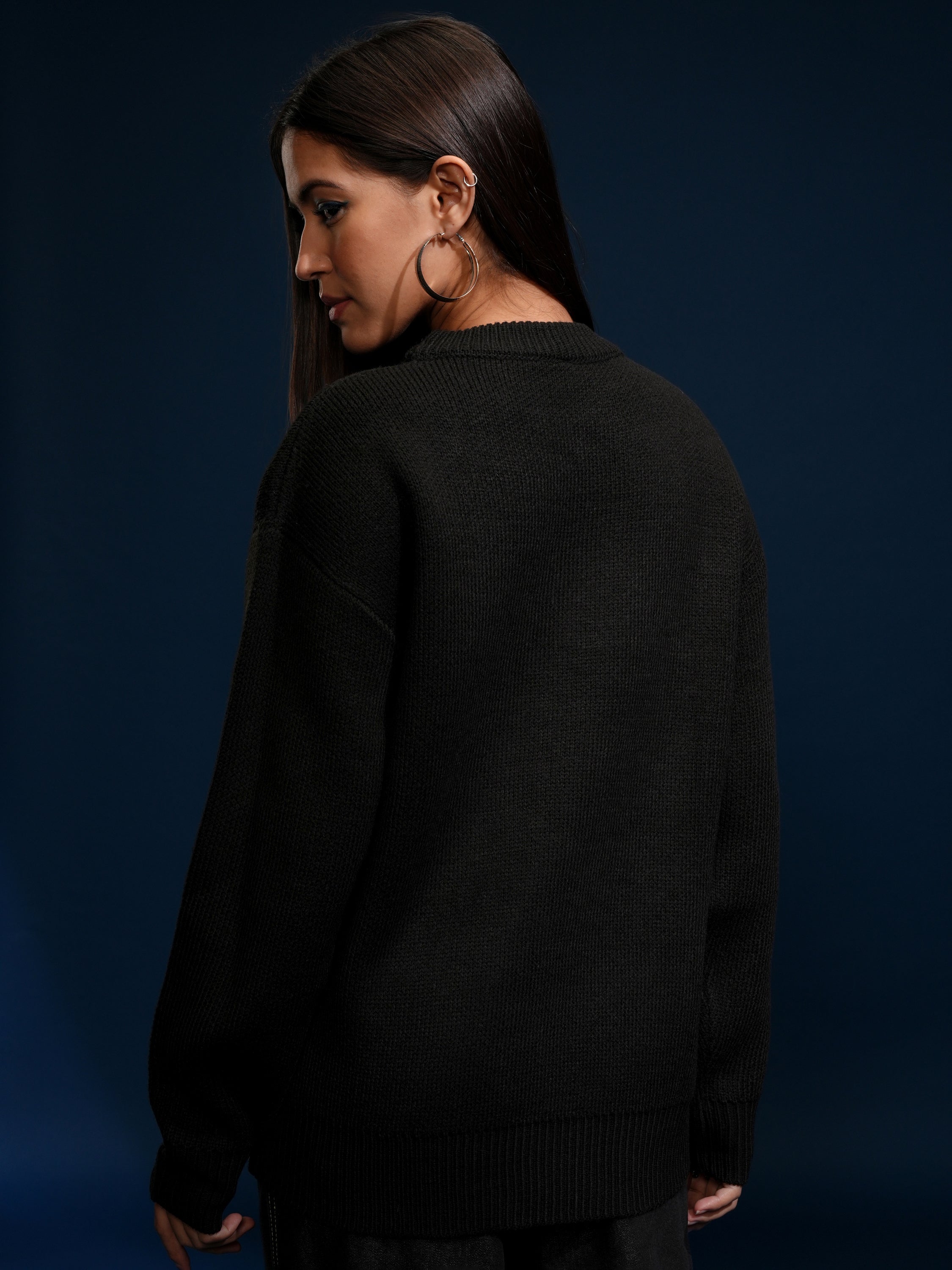 Tokyo Talkies Women Black Round Neck Sweater - Black - Image 3