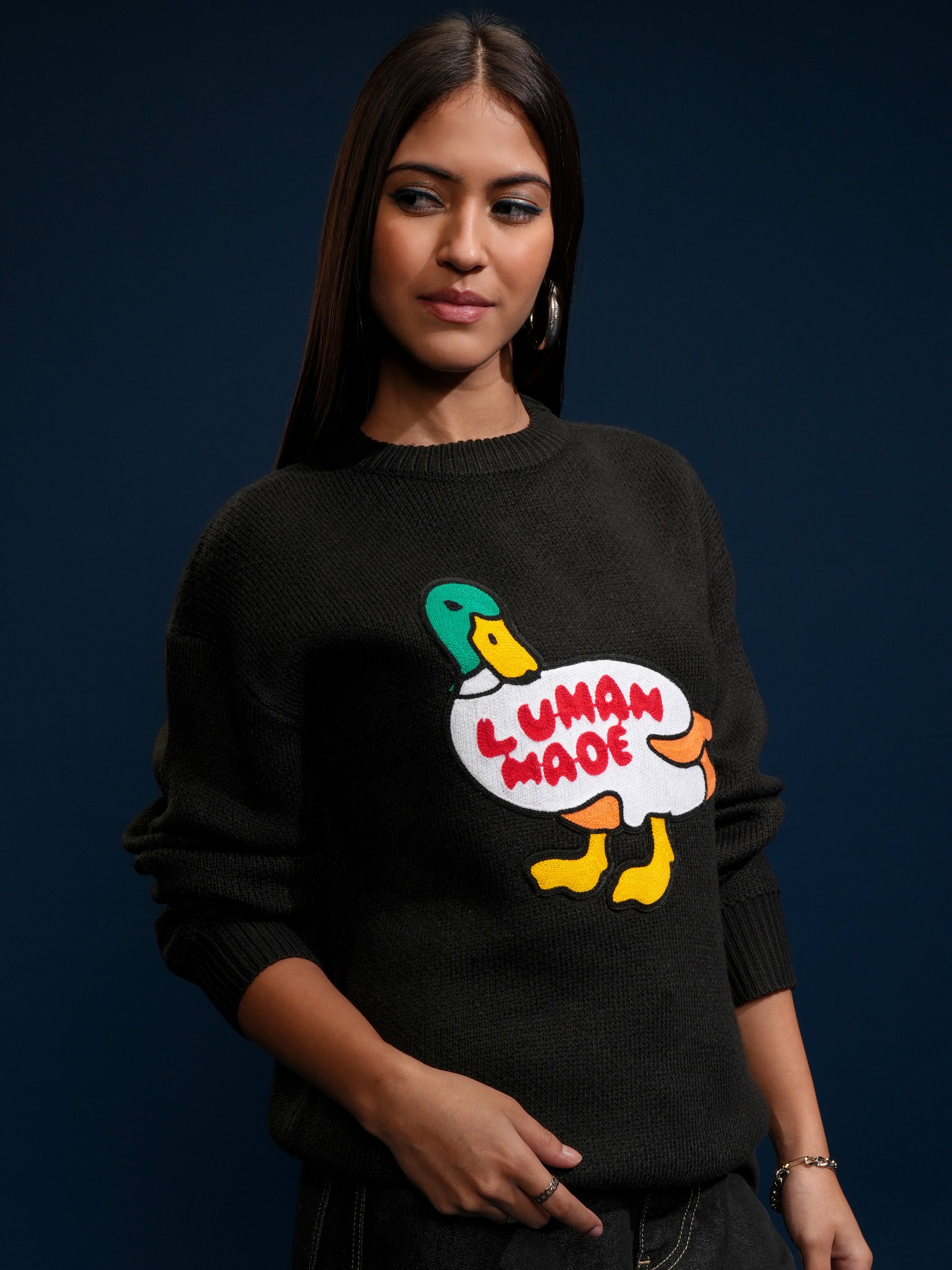 Tokyo Talkies Women Black Round Neck Sweater - Black - Image 6