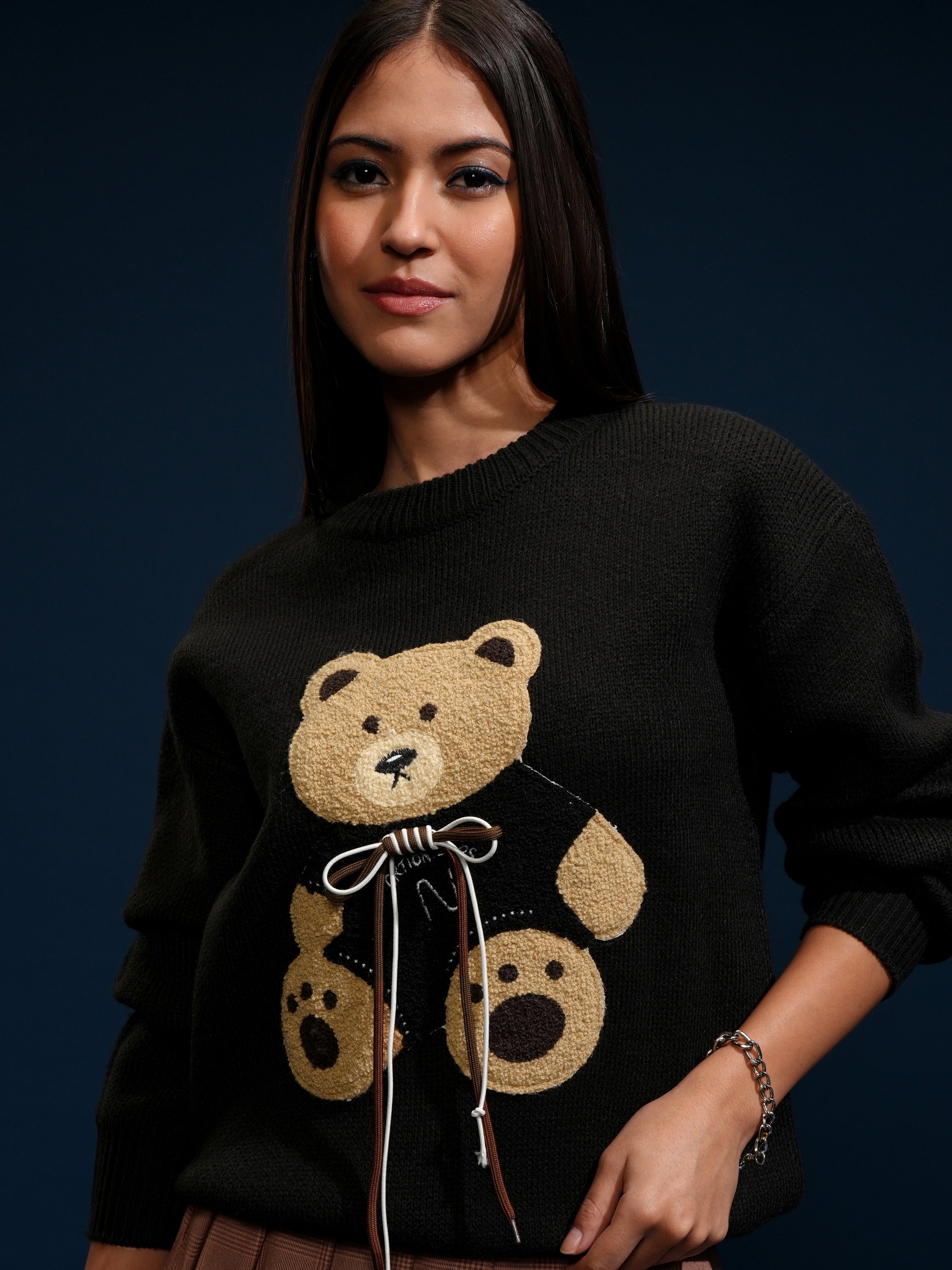 Tokyo Talkies Women Black Round Neck Sweater - Black - Image 1