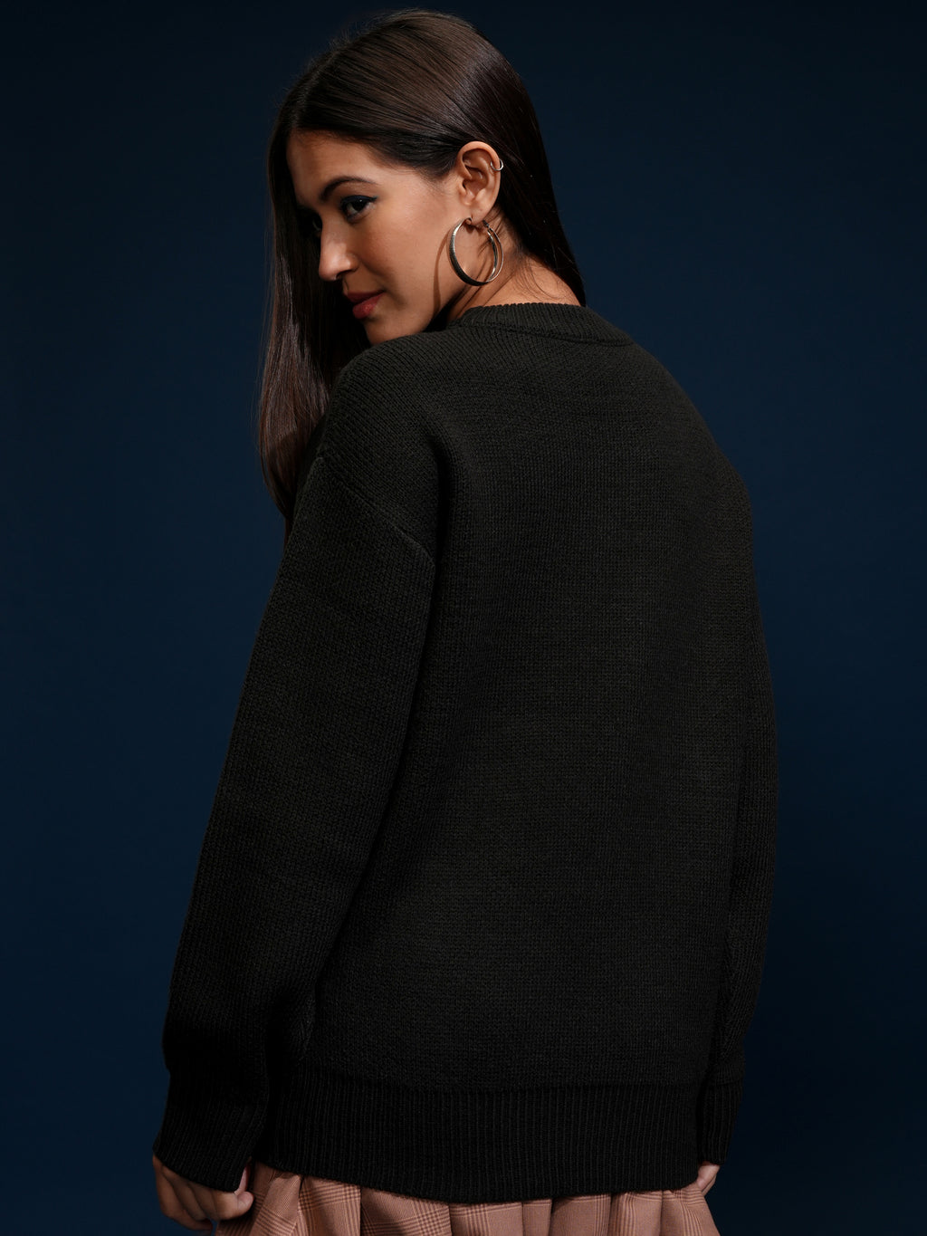 Tokyo Talkies Women Black Round Neck Sweater - Black - Image 3