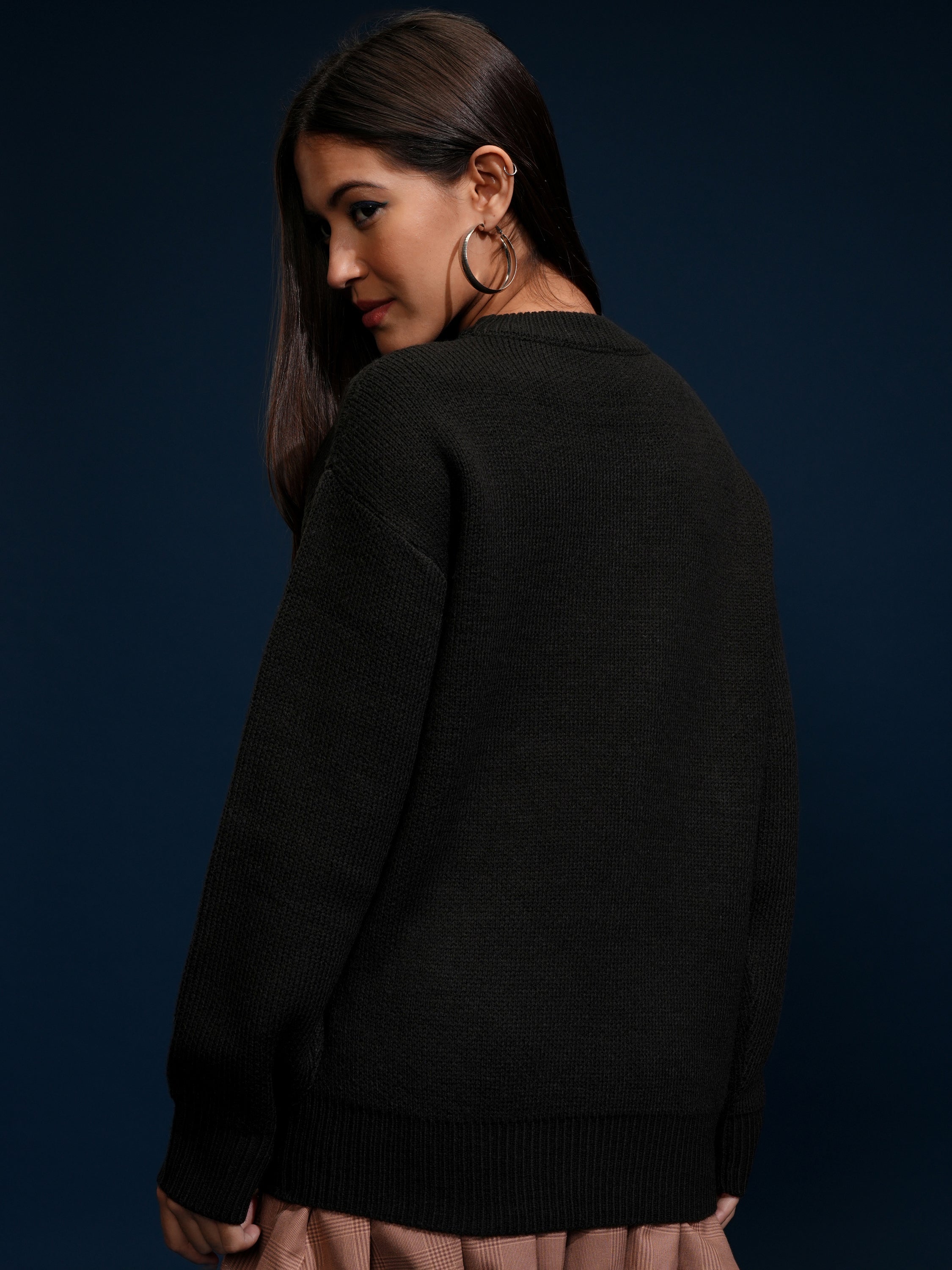 Tokyo Talkies Women Black Round Neck Sweater - Black - Image 3