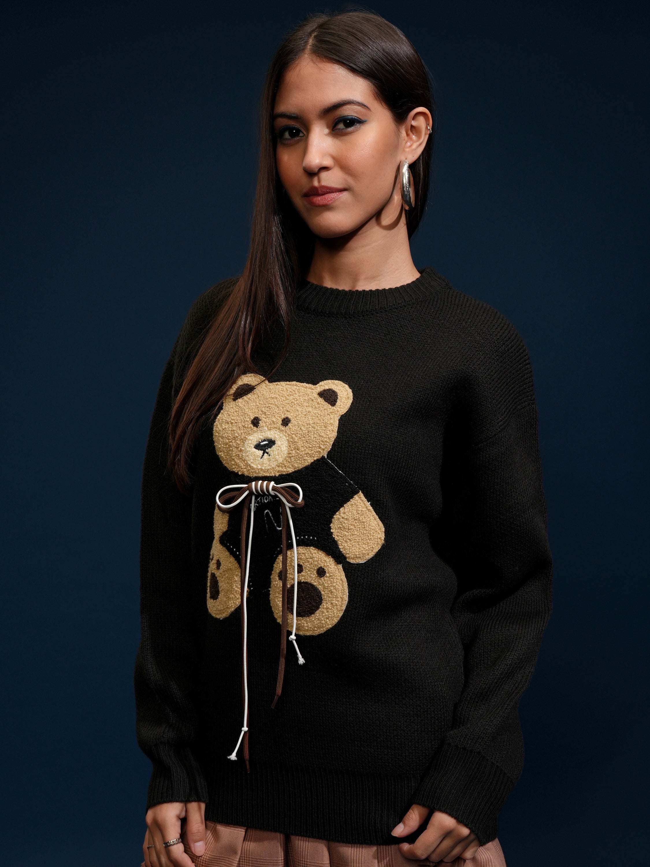 Tokyo Talkies Women Black Round Neck Sweater - Black - Image 4