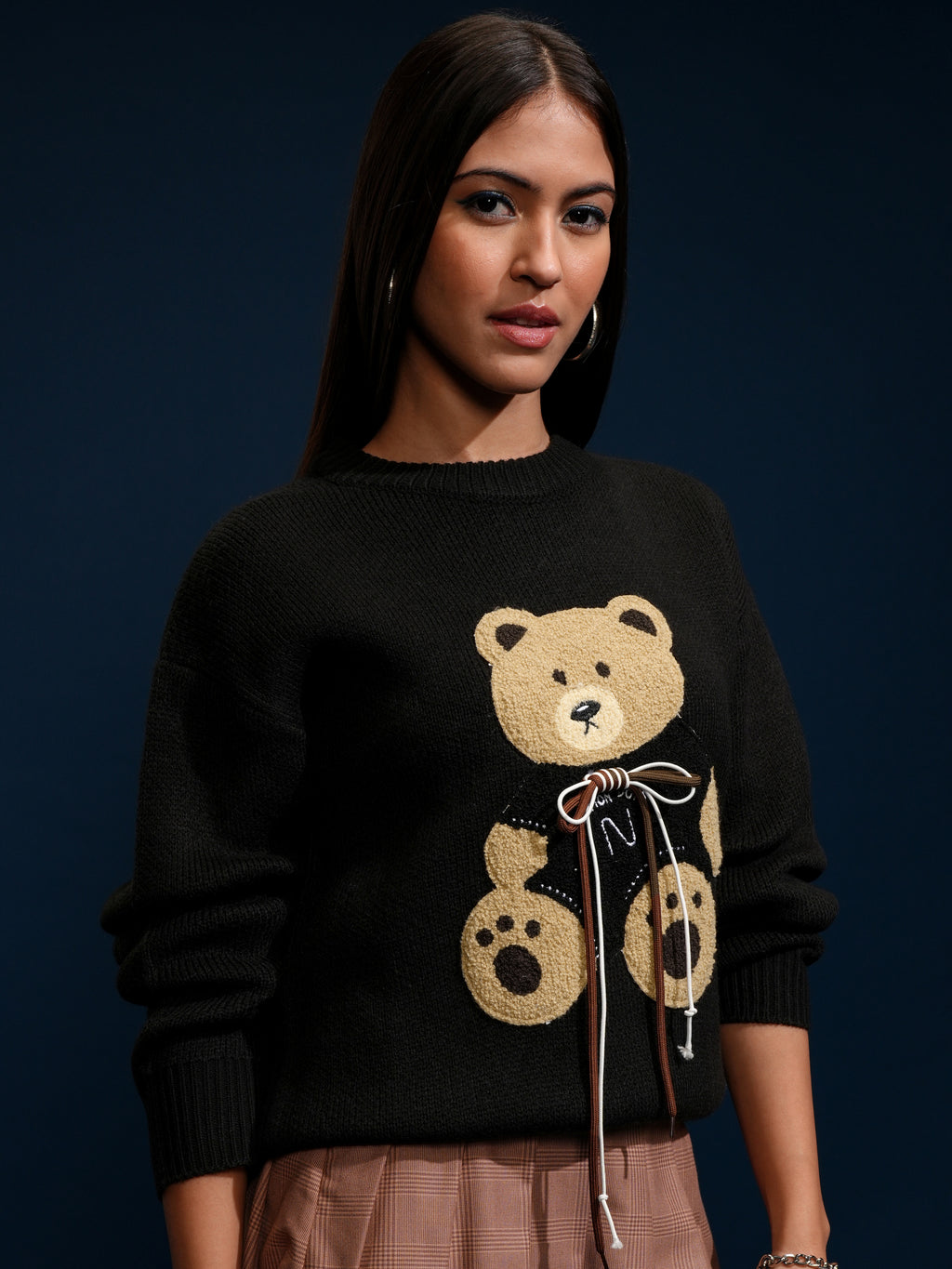 Tokyo Talkies Women Black Round Neck Sweater - Black - Image 6