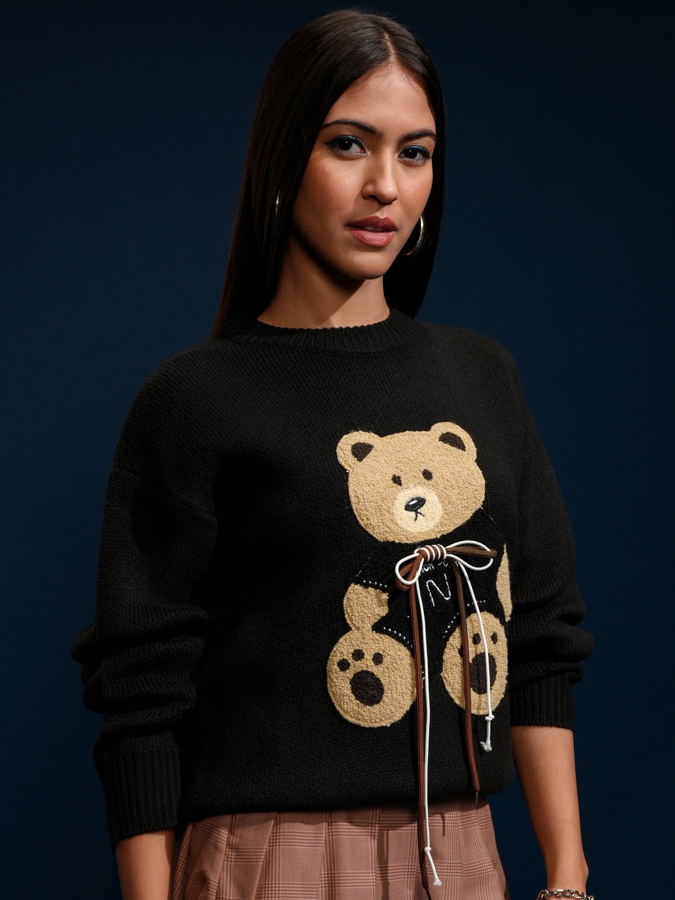 Tokyo Talkies Women Black Round Neck Sweater - Black - Image 6