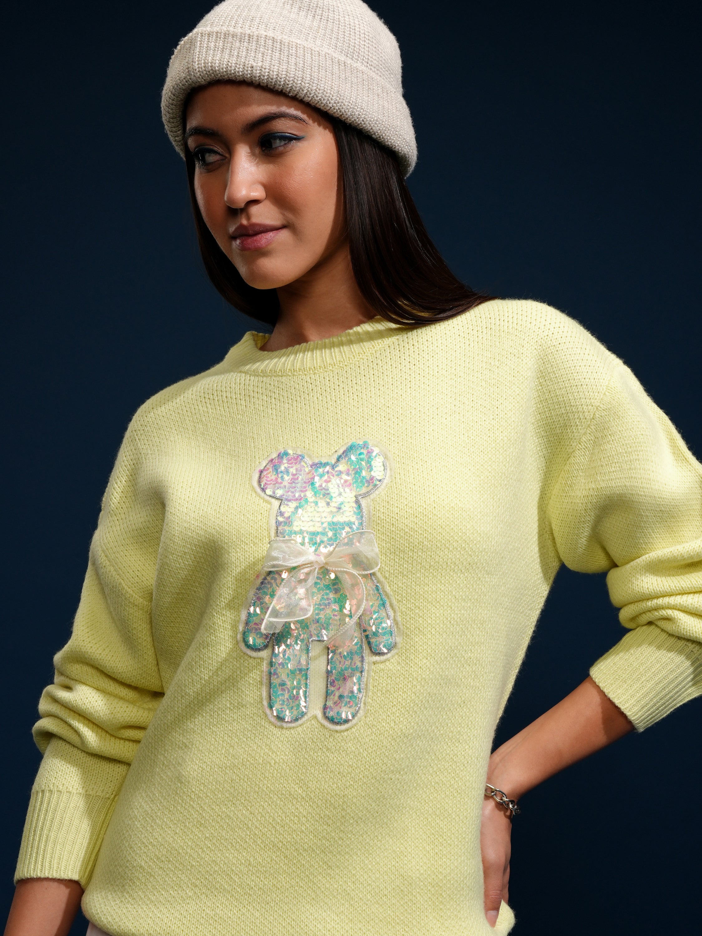 Tokyo Talkies Women Yellow Round Neck Sweater - Yellow - Image 1