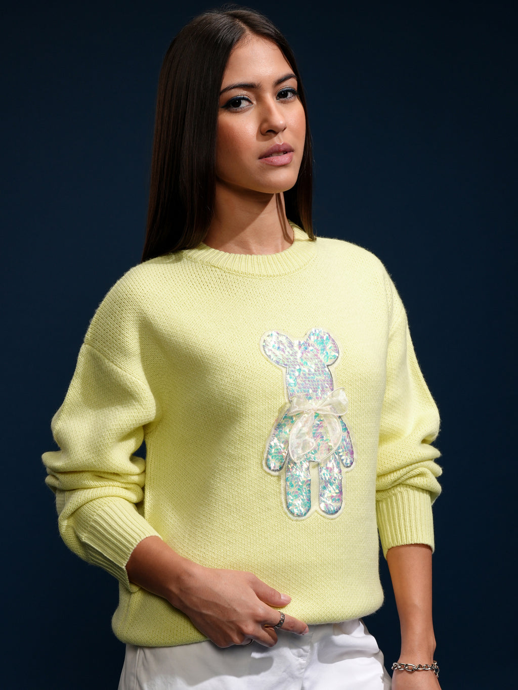 Tokyo Talkies Women Yellow Round Neck Sweater - Yellow - Image 6