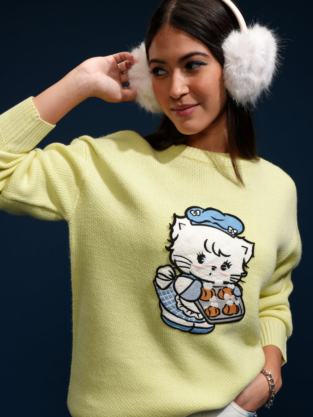 Tokyo Talkies Women Yellow Round Neck Sweater - Yellow - Image 1