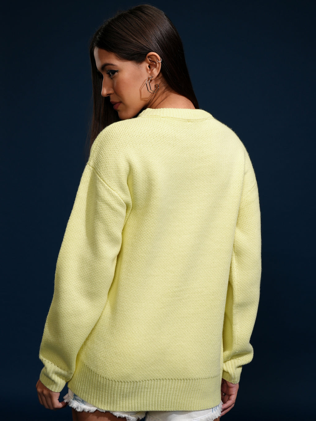 Tokyo Talkies Women Yellow Round Neck Sweater - Yellow - Image 3