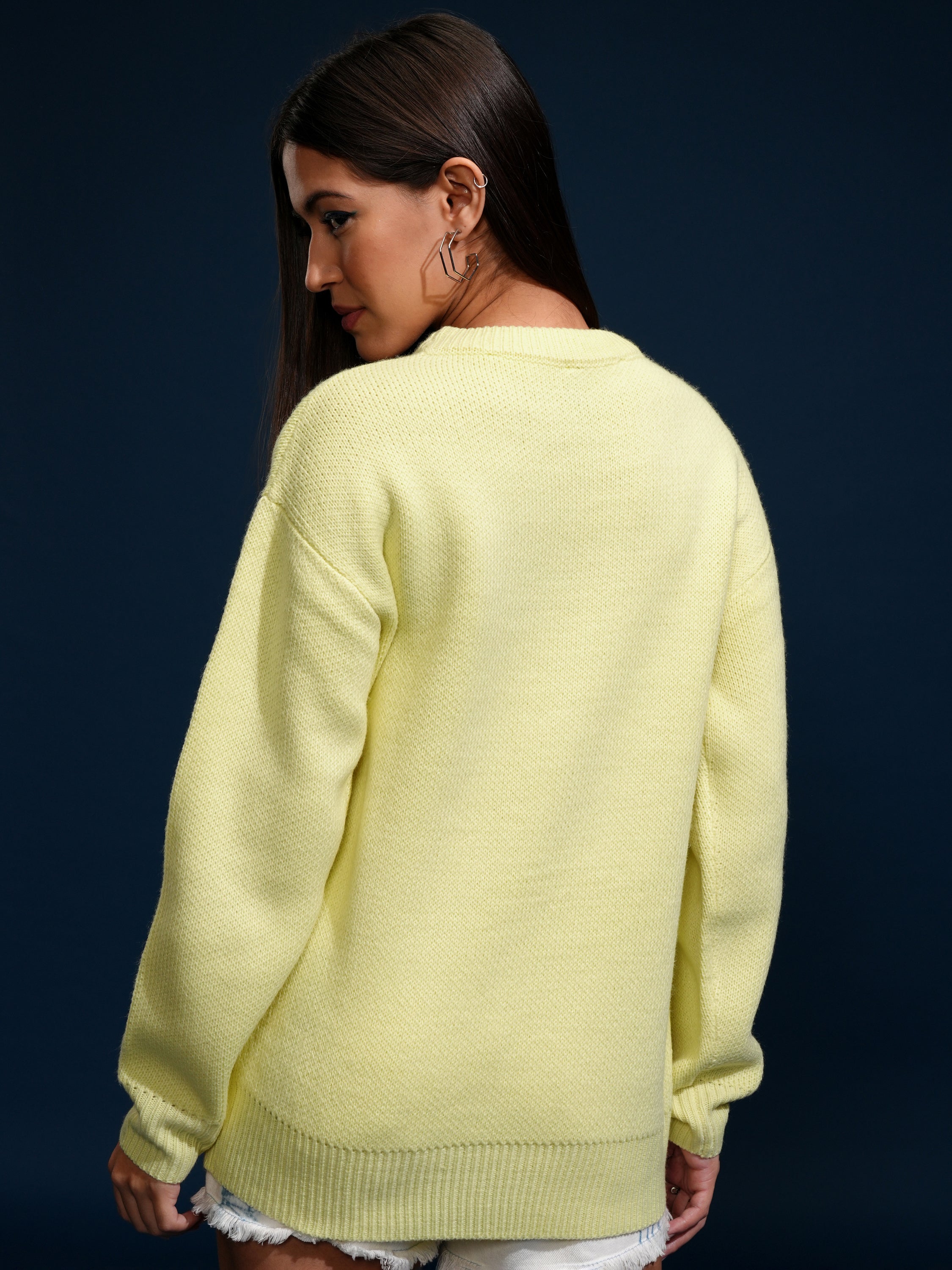 Tokyo Talkies Women Yellow Round Neck Sweater - Yellow - Image 3