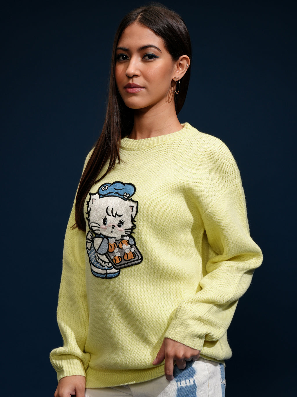 Tokyo Talkies Women Yellow Round Neck Sweater - Yellow - Image 4