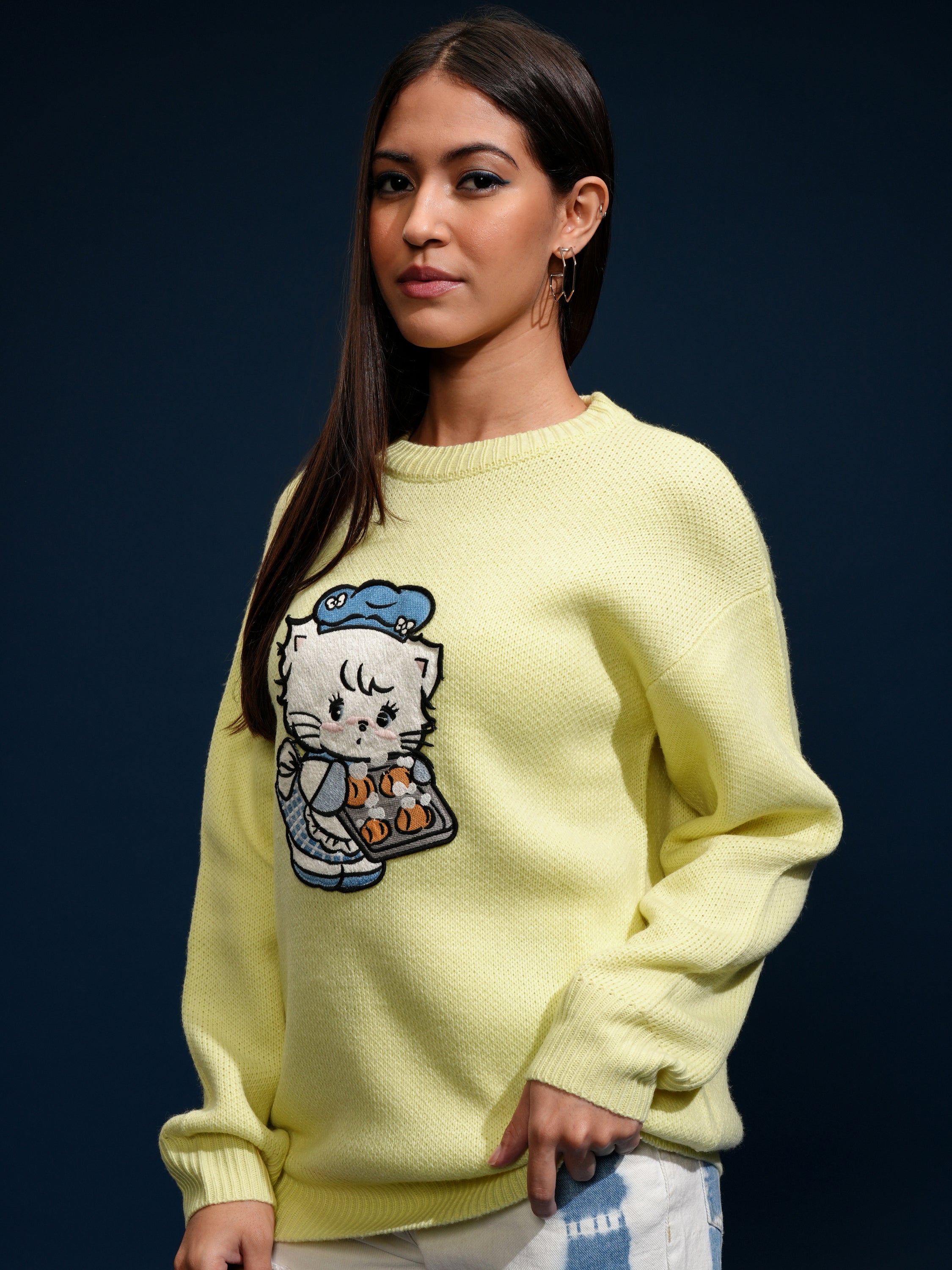 Tokyo Talkies Women Yellow Round Neck Sweater - Yellow - Image 4