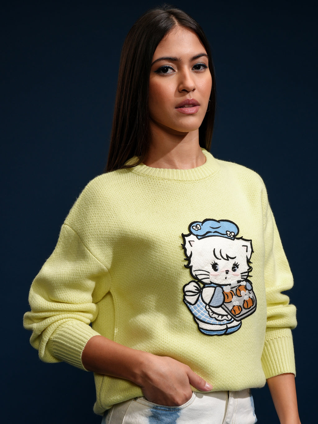 Tokyo Talkies Women Yellow Round Neck Sweater - Yellow - Image 6