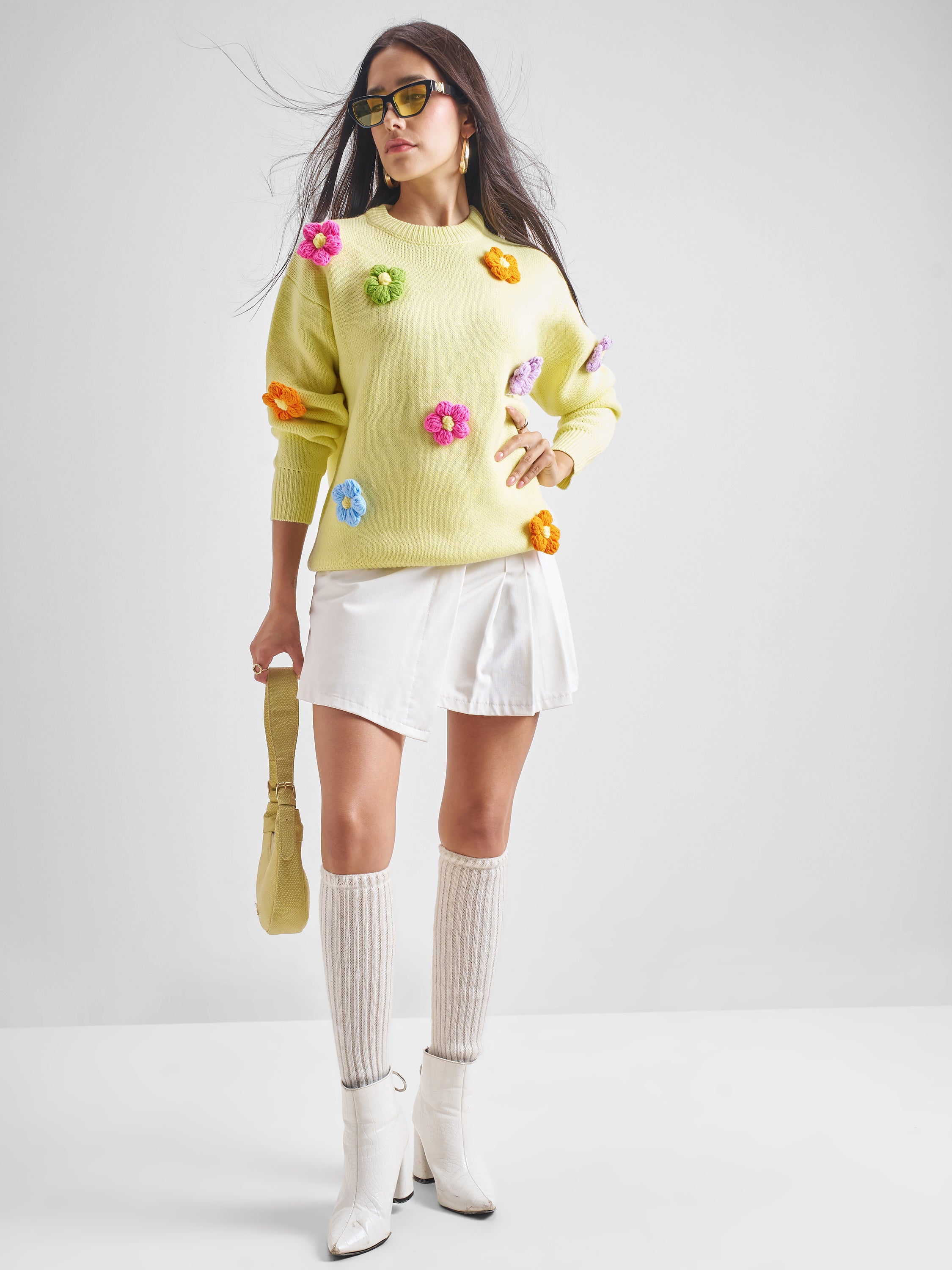 Tokyo Talkies Women Yellow Round Neck Sweater - Yellow - Image 2