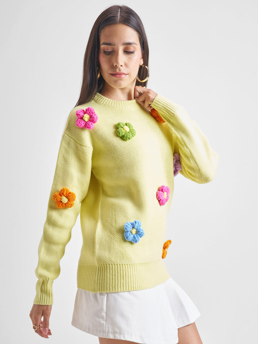 Tokyo Talkies Women Yellow Round Neck Sweater - Yellow - Image 6
