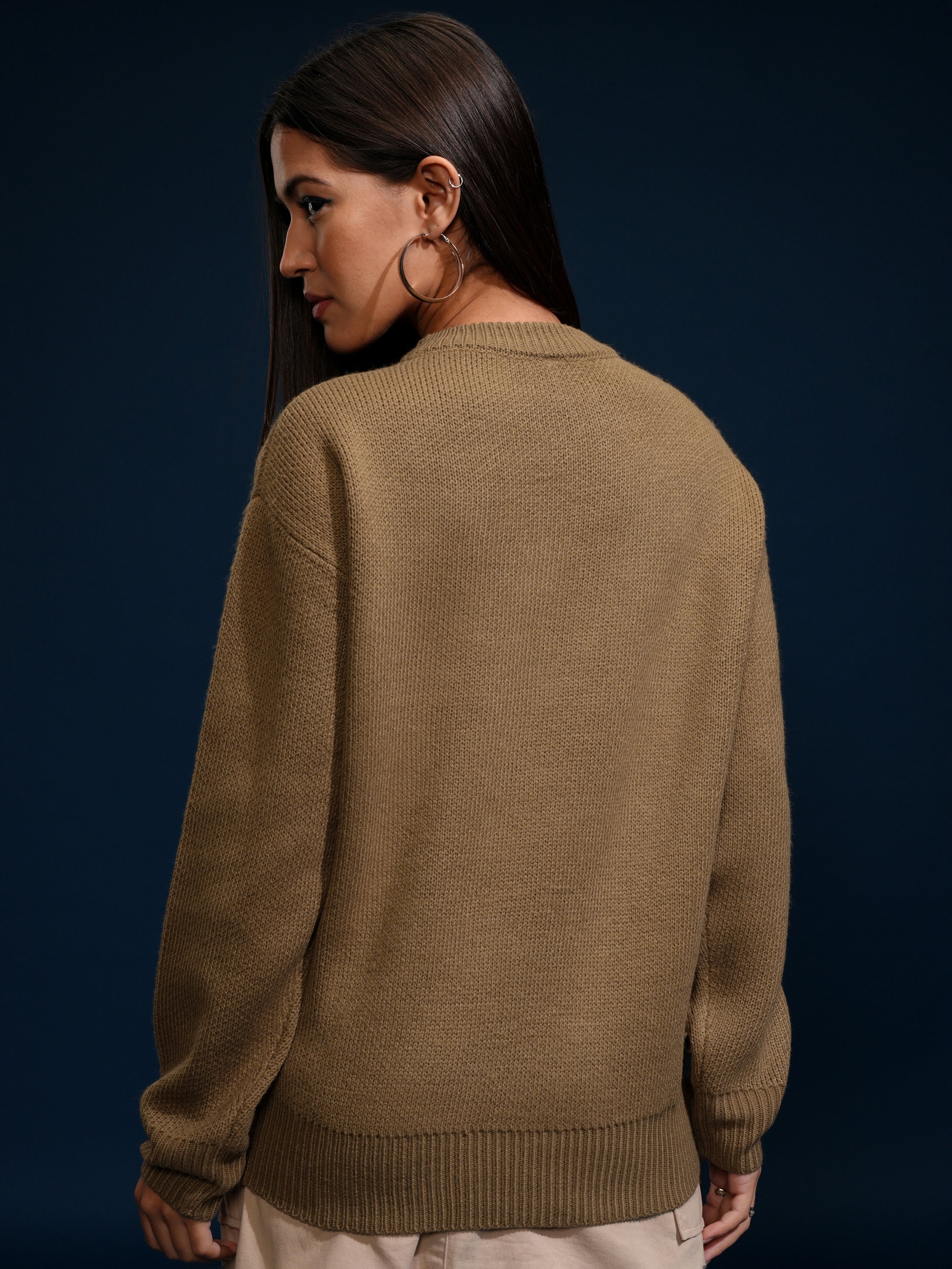 Tokyo Talkies Women Brown Round Neck Sweater - Brown - Image 3