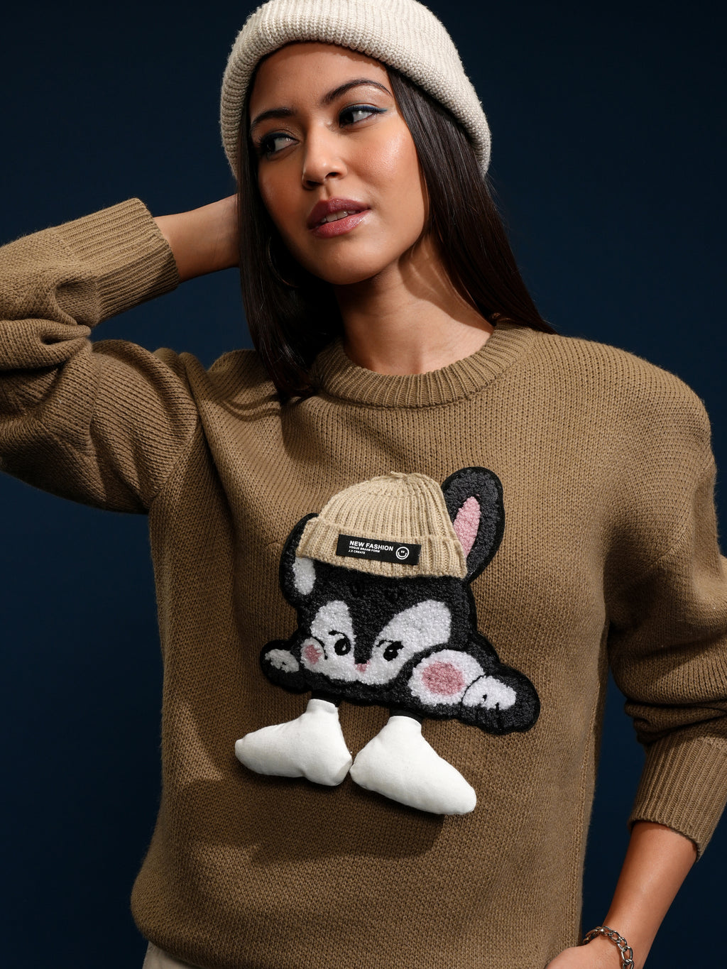 Tokyo Talkies Women Brown Round Neck Sweater - Brown - Image 1