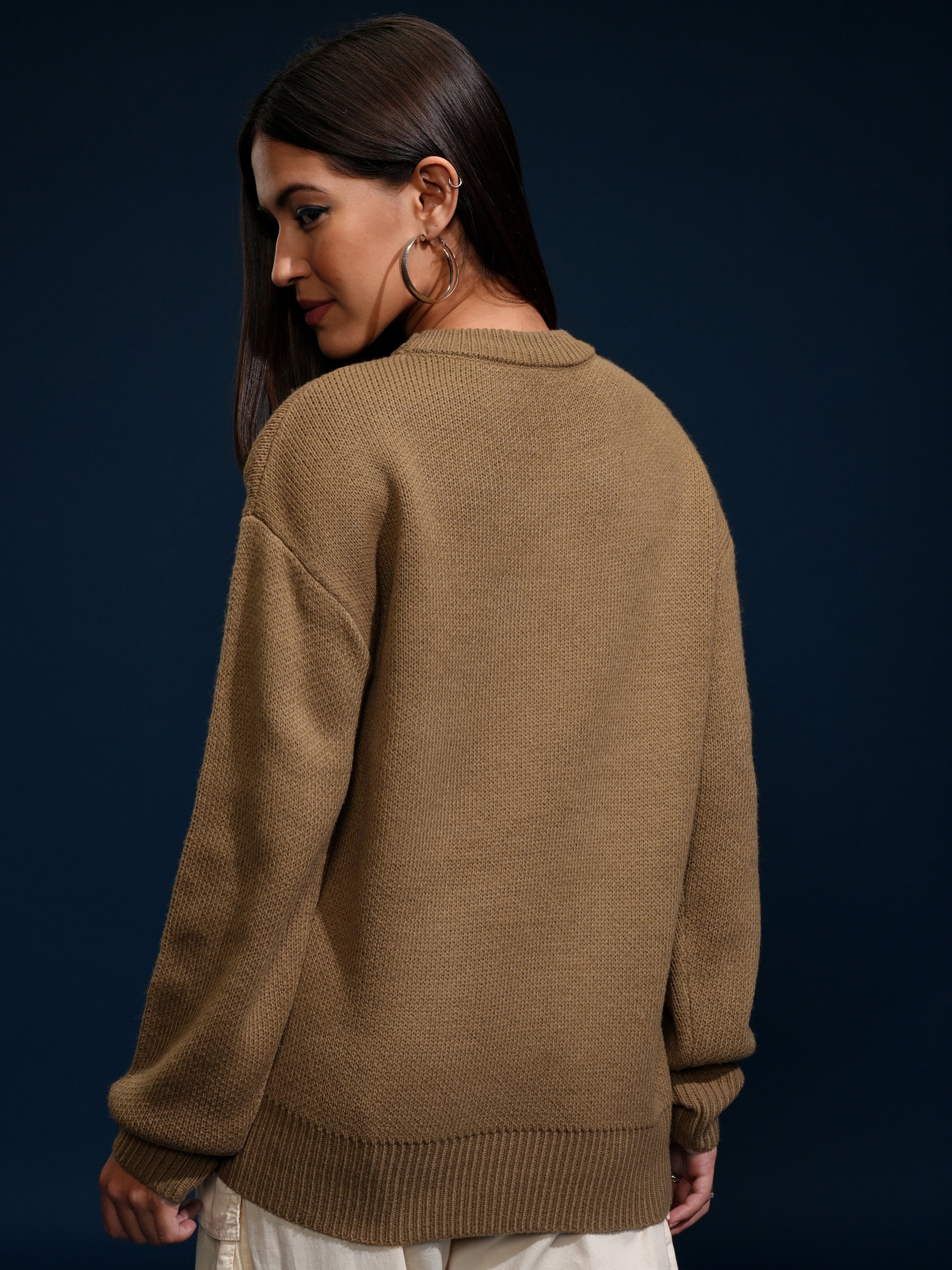 Tokyo Talkies Women Brown Round Neck Sweater - Brown - Image 3