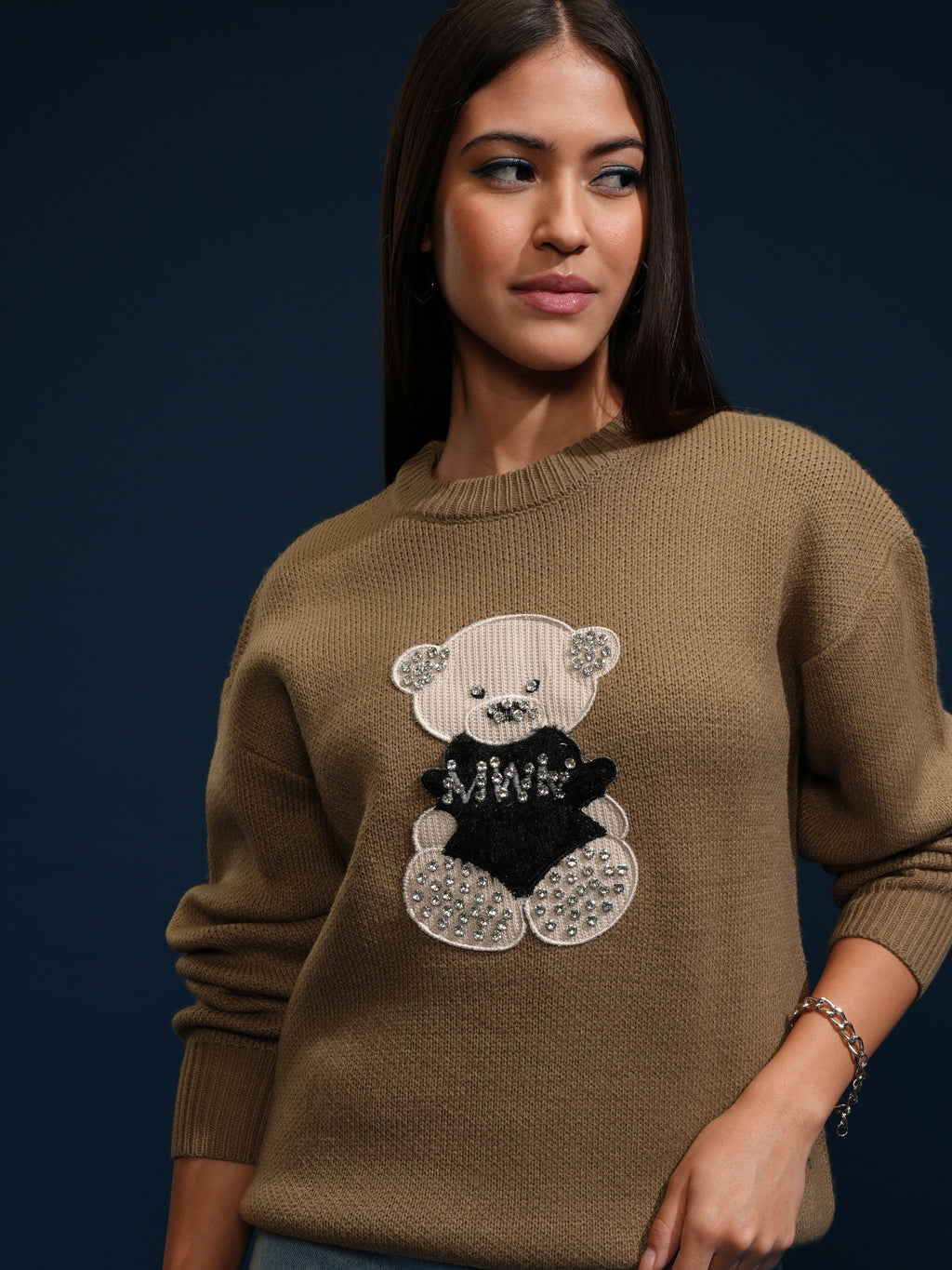 Tokyo Talkies Women Brown Round Neck Sweater - Brown - Image 1