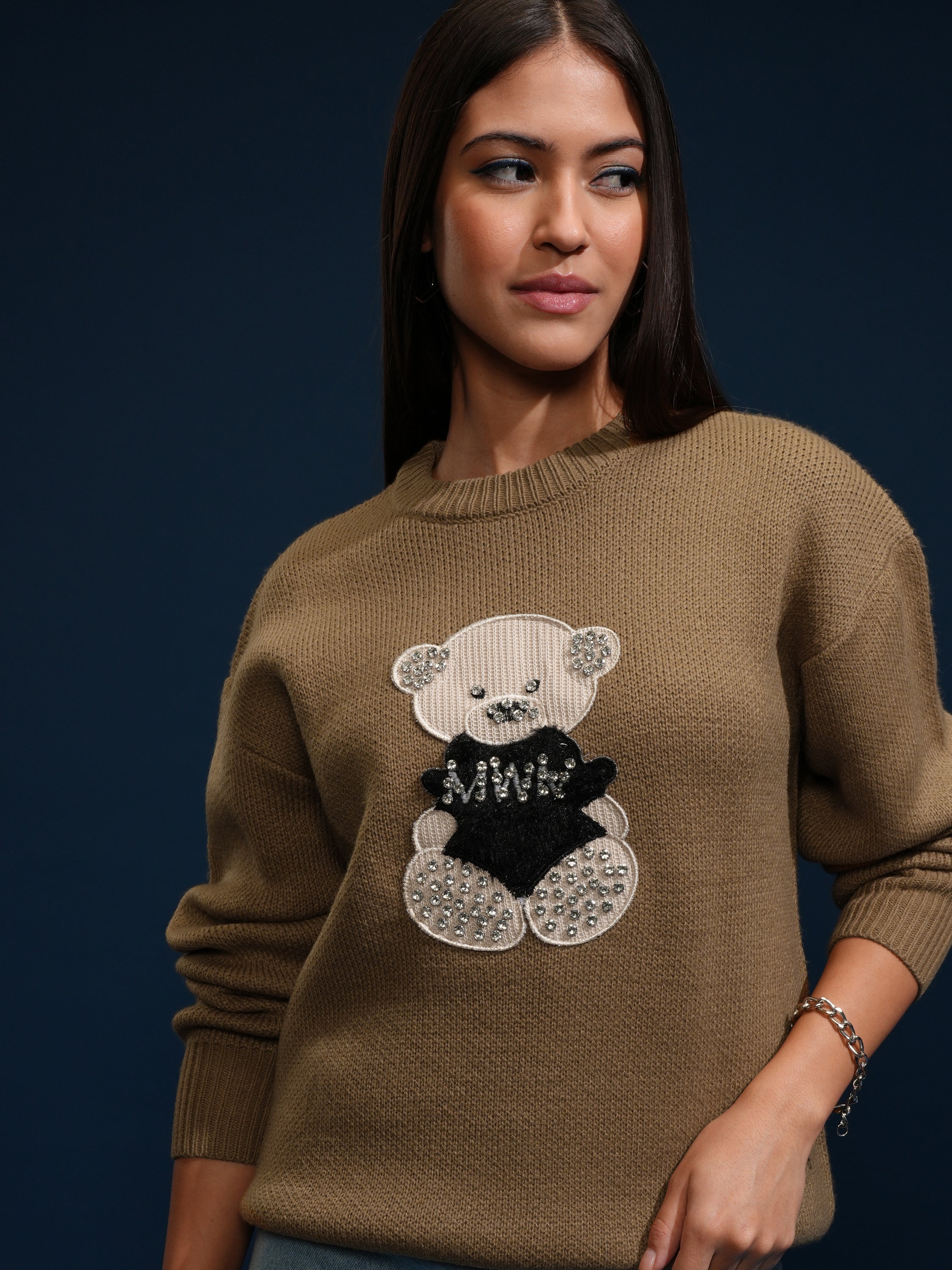 Tokyo Talkies Women Brown Round Neck Sweater - Brown - Image 1