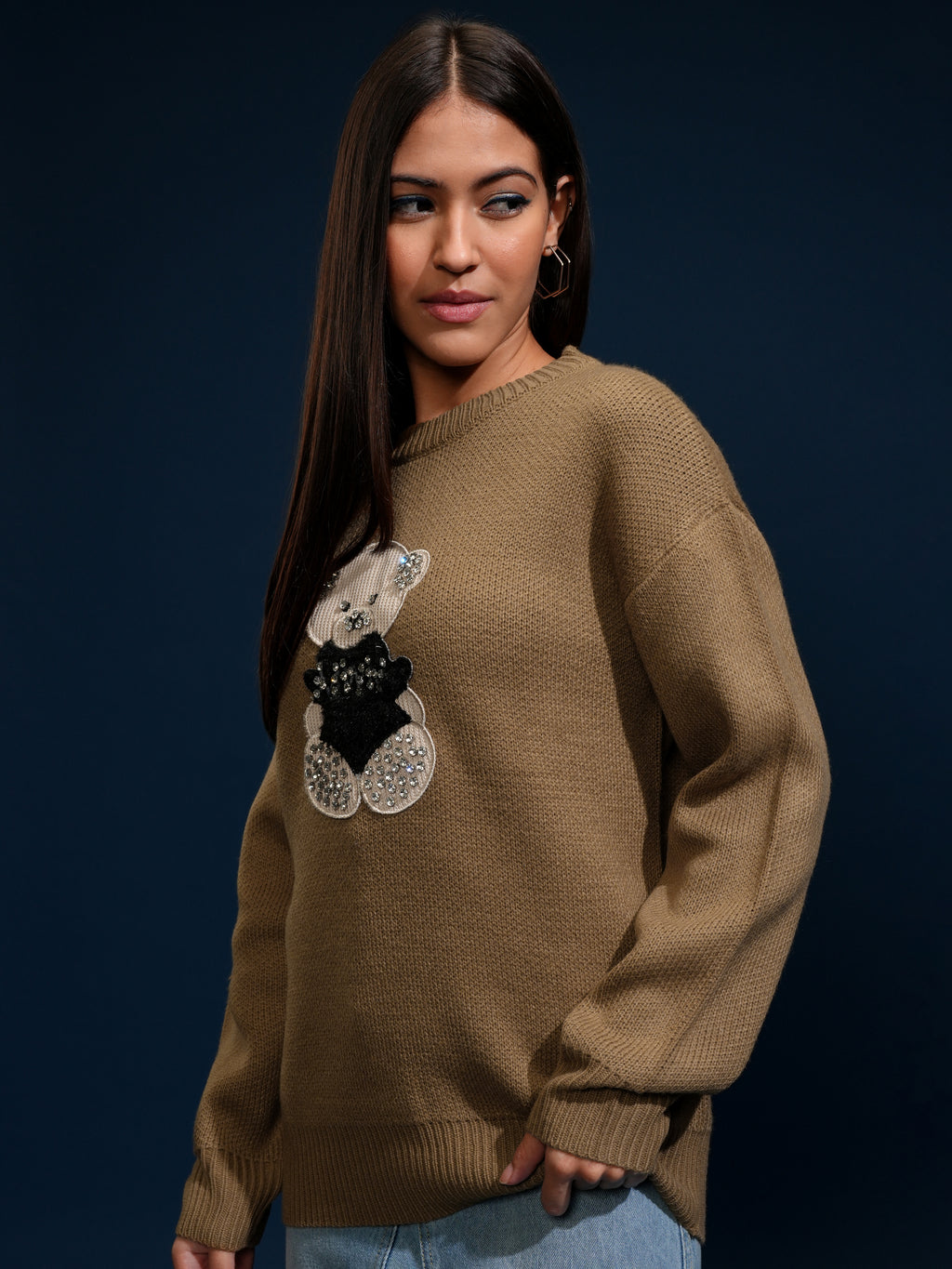 Tokyo Talkies Women Brown Round Neck Sweater - Brown - Image 4