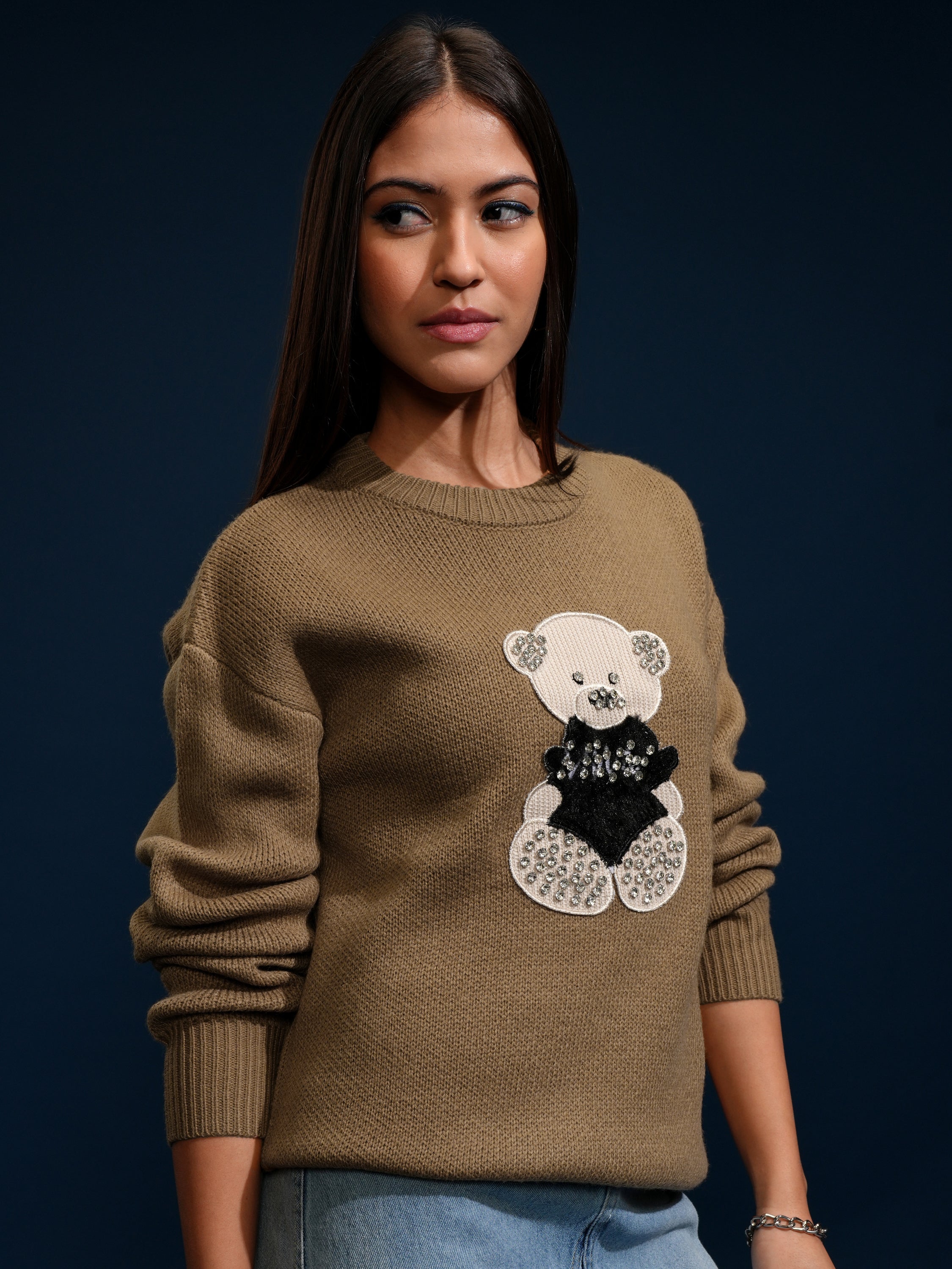 Tokyo Talkies Women Brown Round Neck Sweater - Brown - Image 6