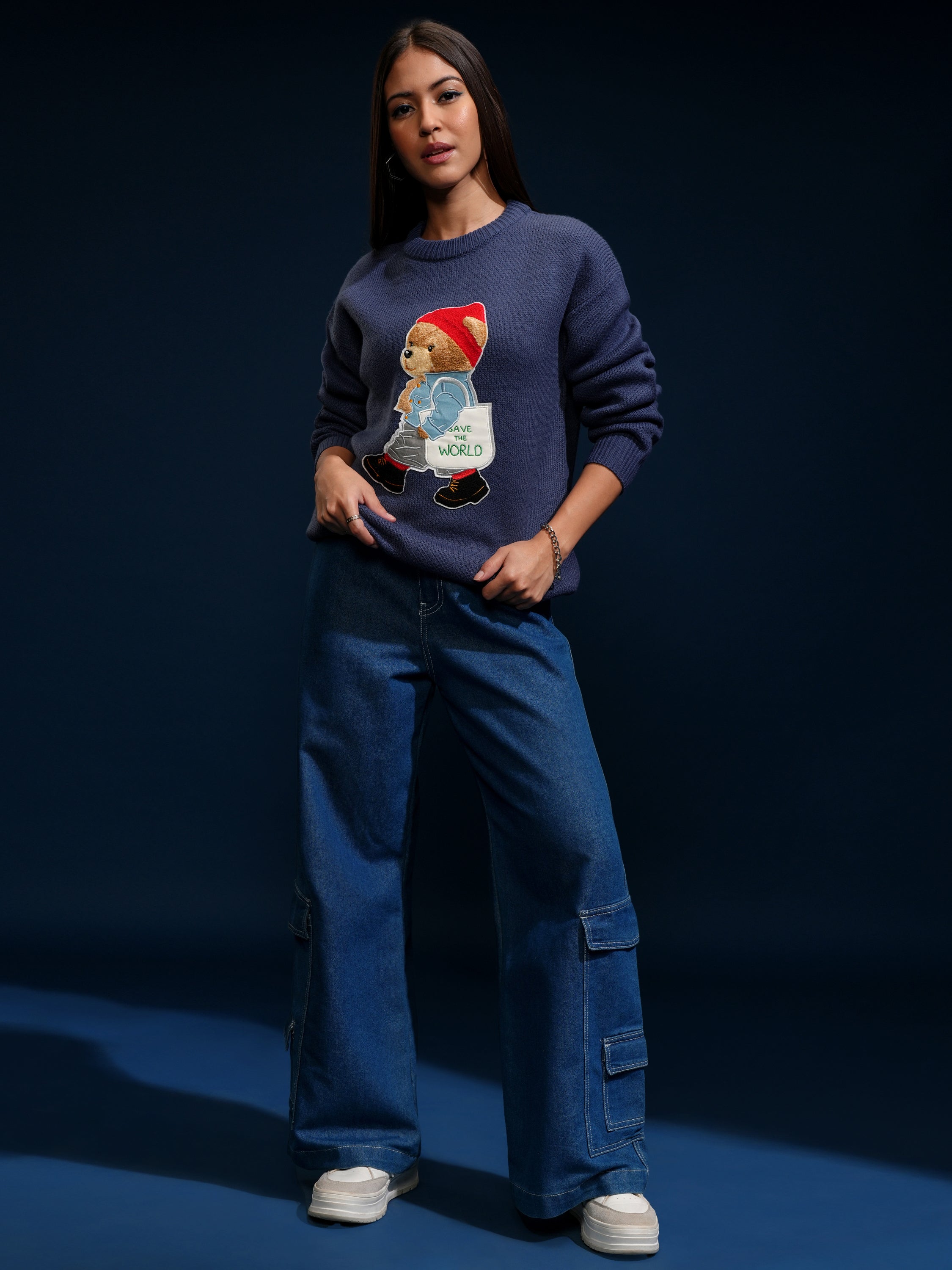 Tokyo Talkies Women Blue Round Neck Sweater - Blue - Image 2