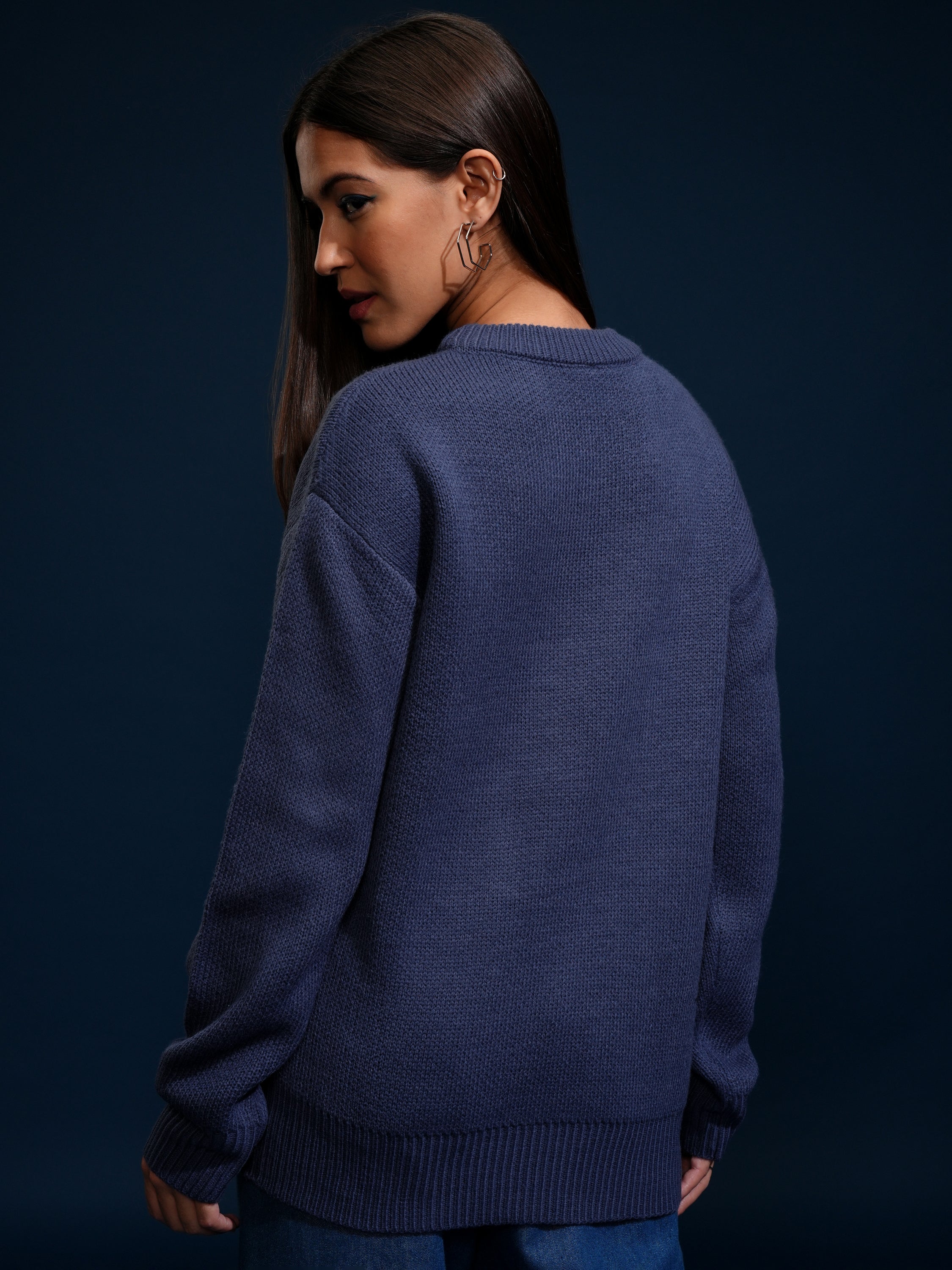 Tokyo Talkies Women Blue Round Neck Sweater - Blue - Image 3