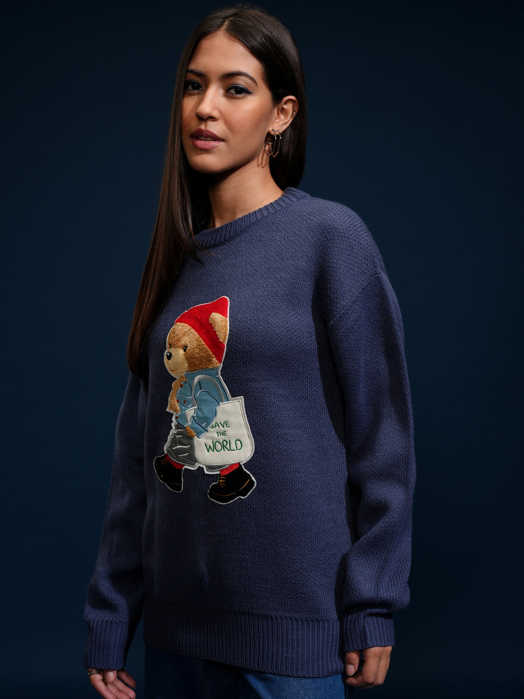 Tokyo Talkies Women Blue Round Neck Sweater - Blue - Image 4