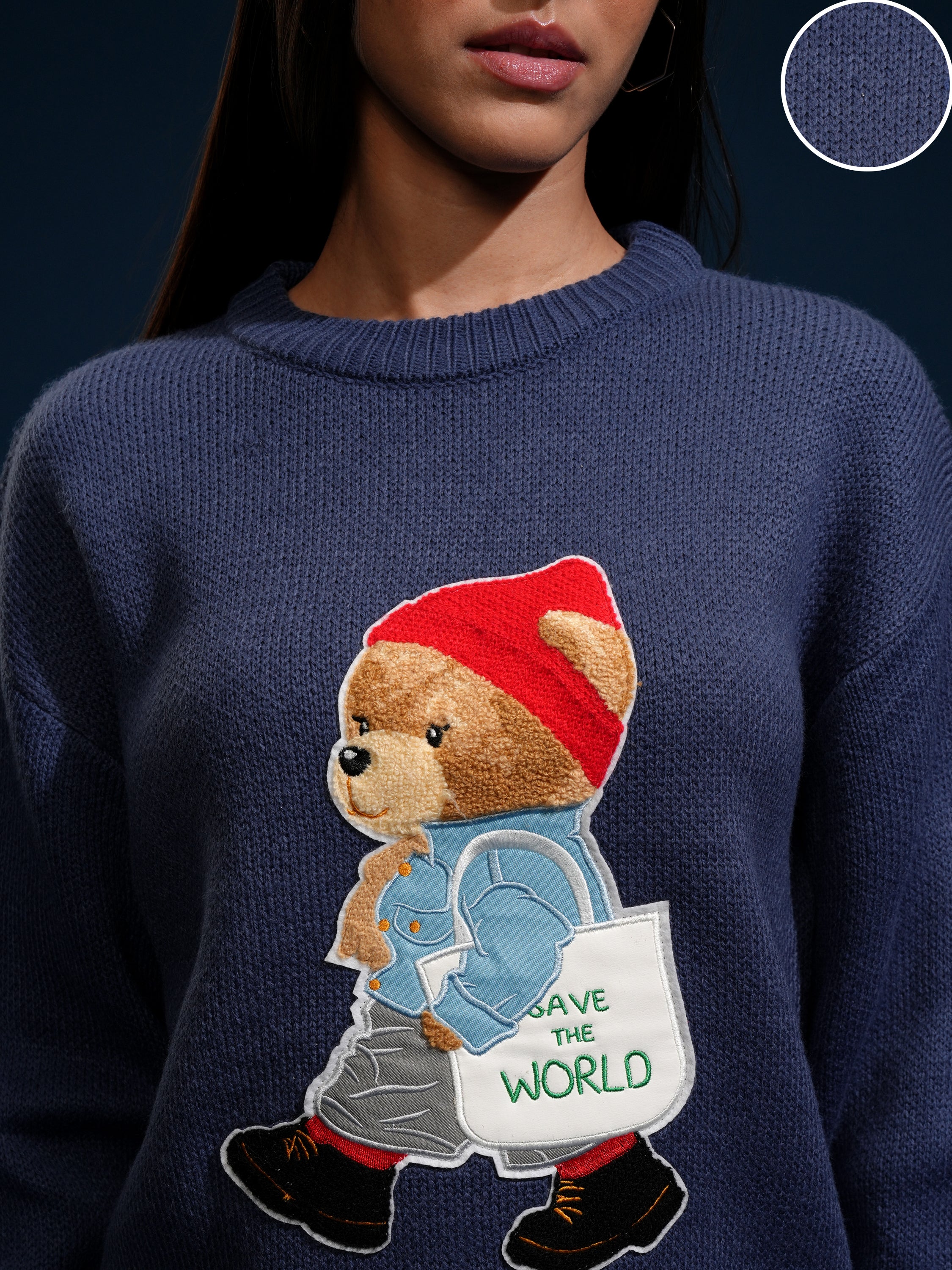 Tokyo Talkies Women Blue Round Neck Sweater - Blue - Image 5