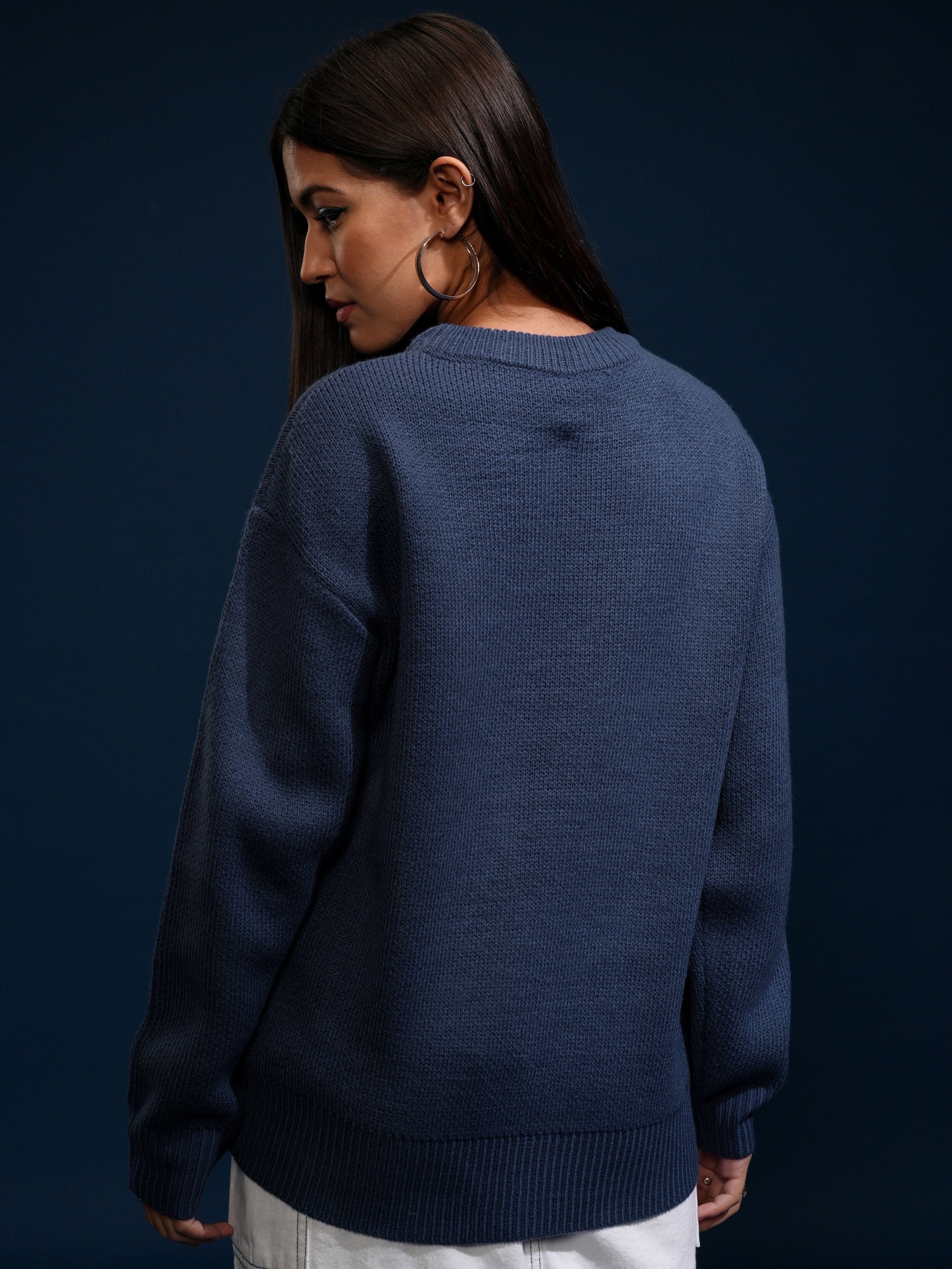 Tokyo Talkies Women Blue Round Neck Sweater - Blue - Image 3