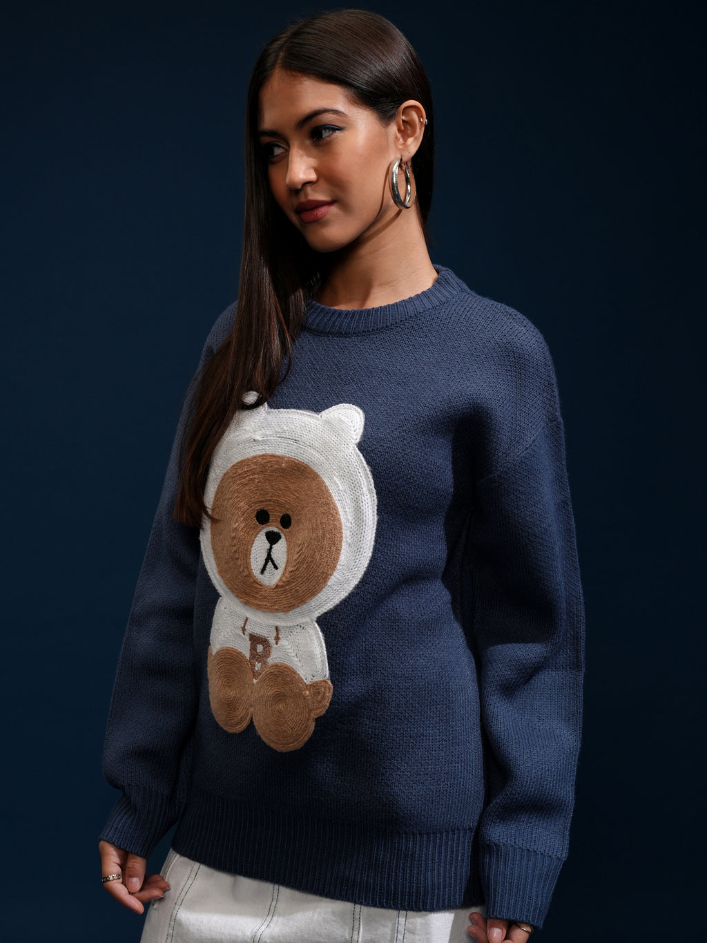 Tokyo Talkies Women Blue Round Neck Sweater - Blue - Image 4