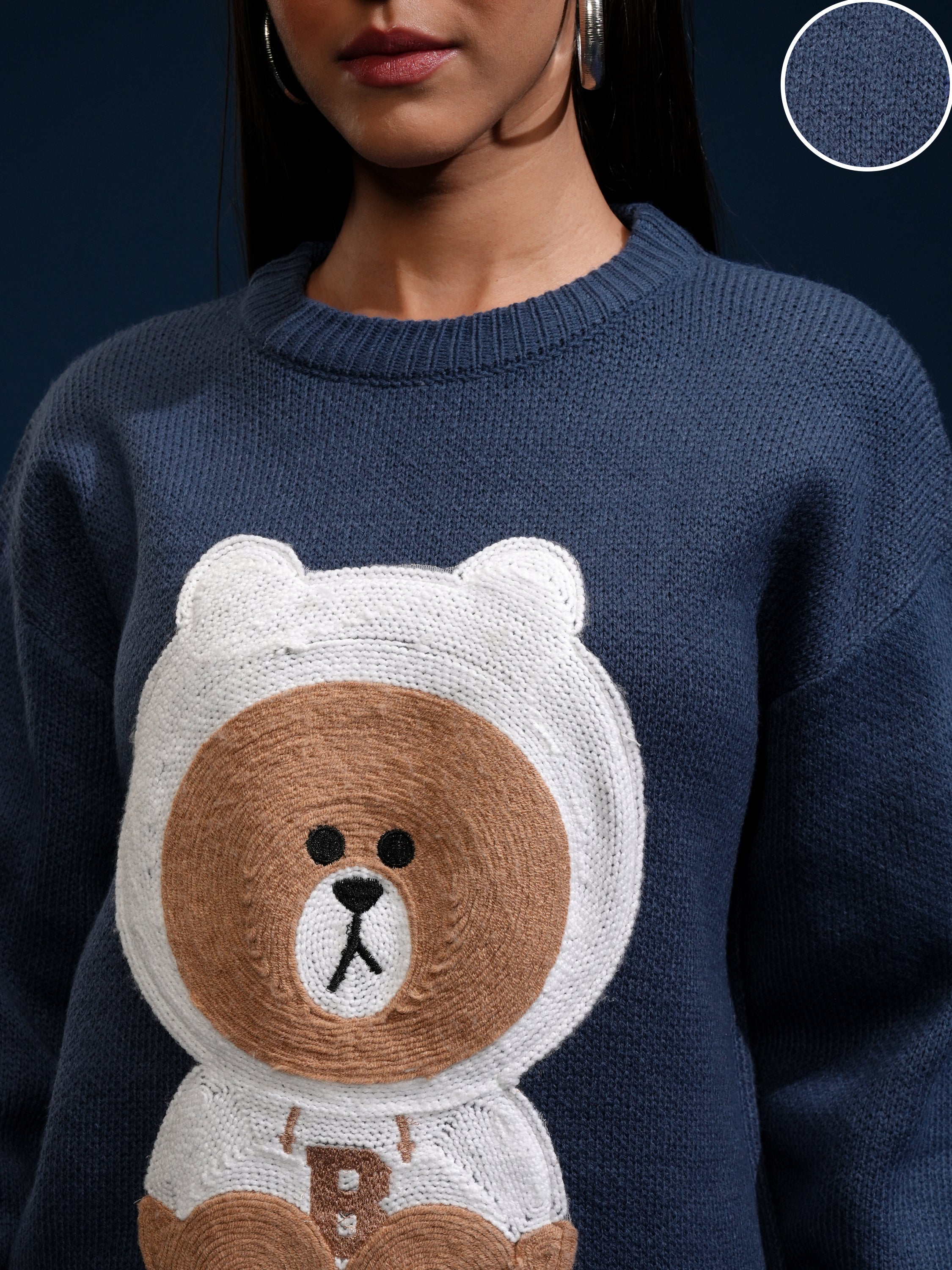 Tokyo Talkies Women Blue Round Neck Sweater - Blue - Image 5